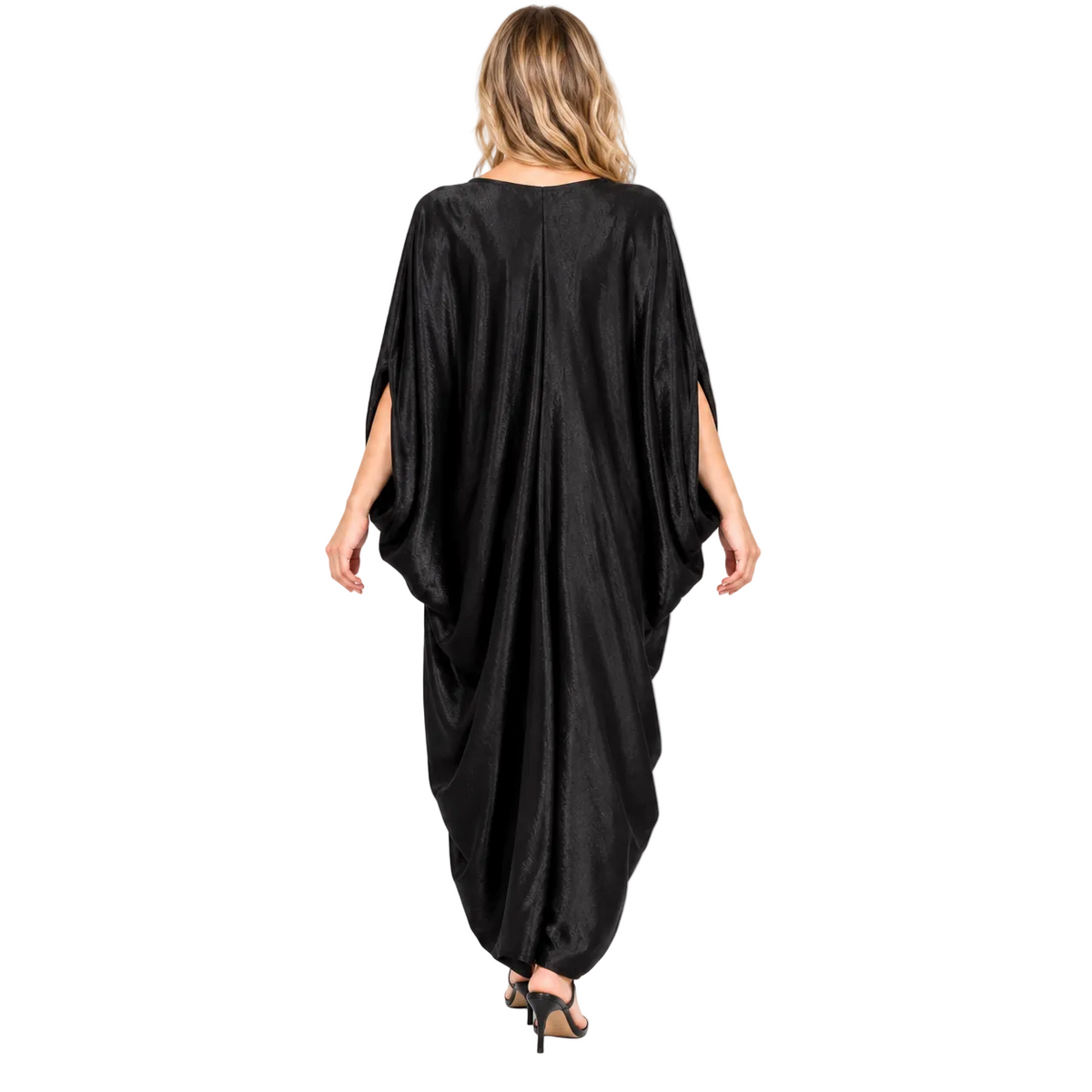 Elegant Black Draped Silk Satin Kaftan