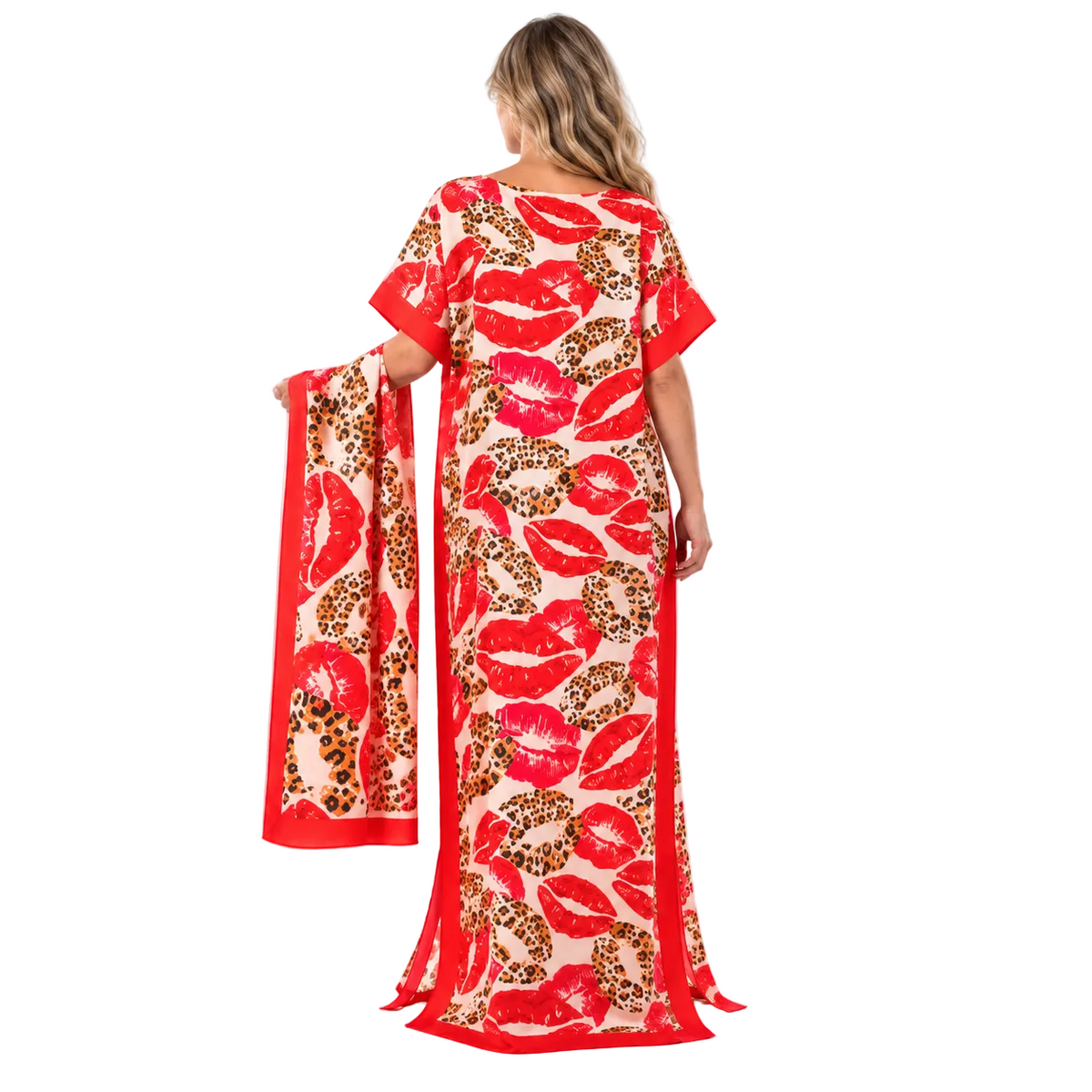 Red Lip Print Silk Satin Kaftan