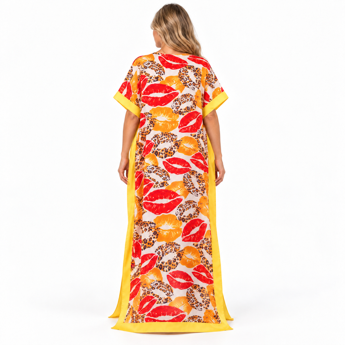 Yellow Leopard Print Silk Satin Kaftan