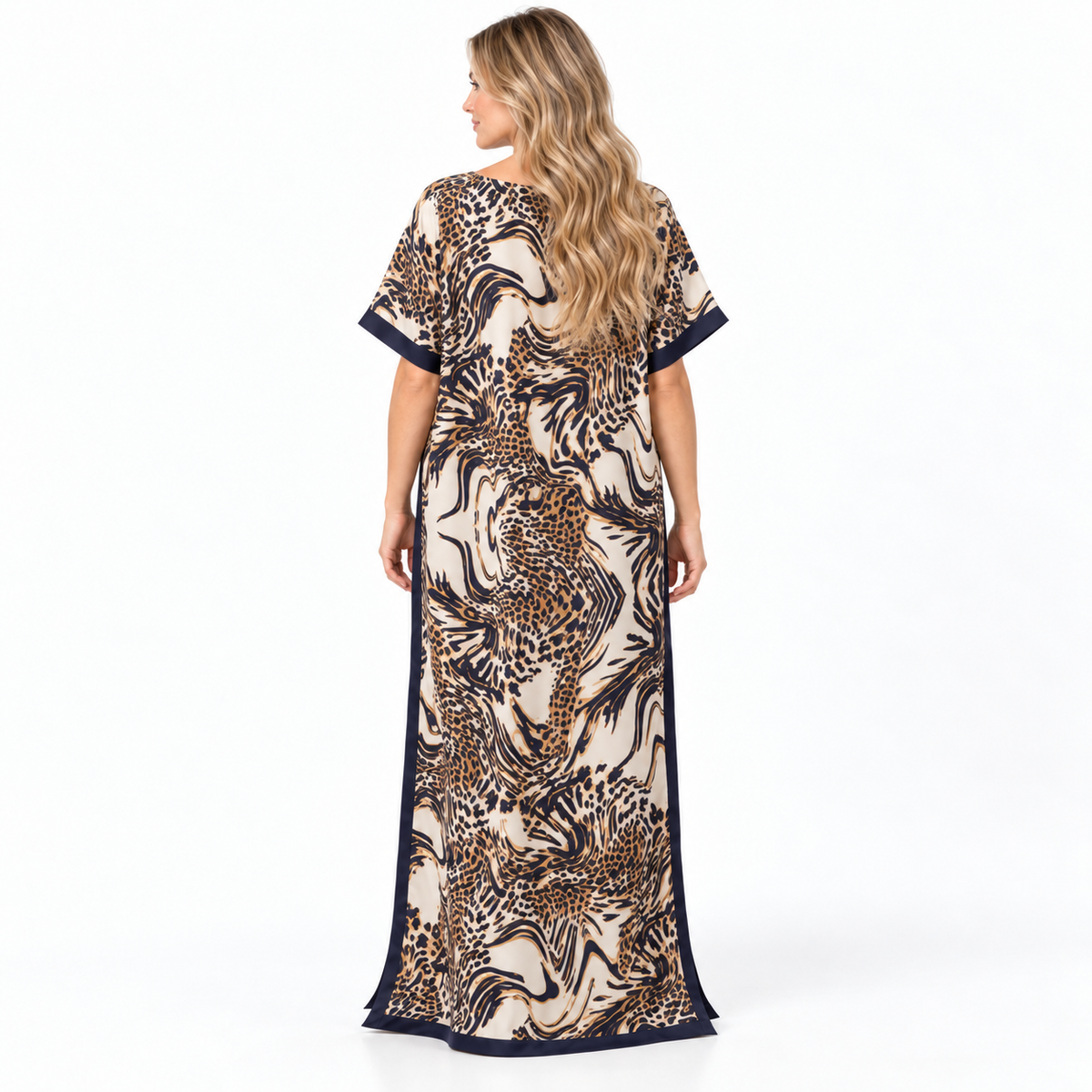 Dark Grey Leopard Print Silk Satin Kaftan