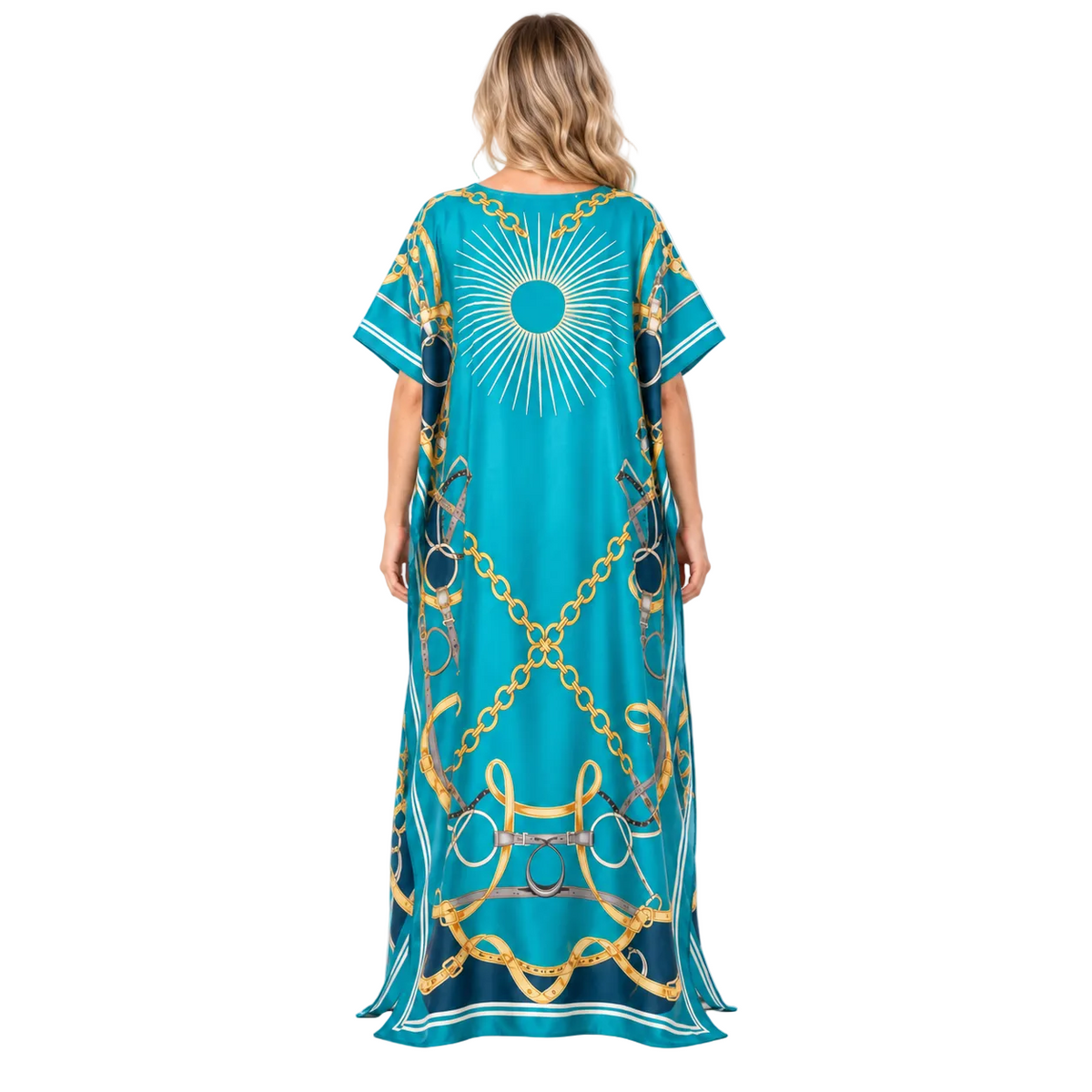 Sky Blue Gold Chain Silk Satin Kaftan