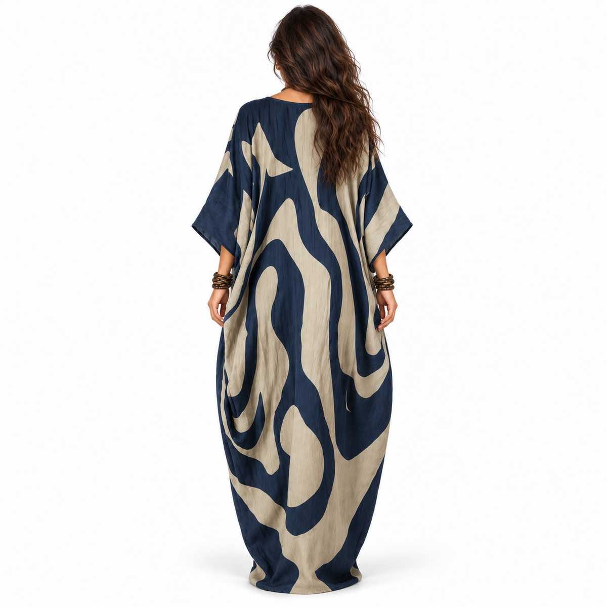 Elegant Navy Blue Abstract Linen Kaftan