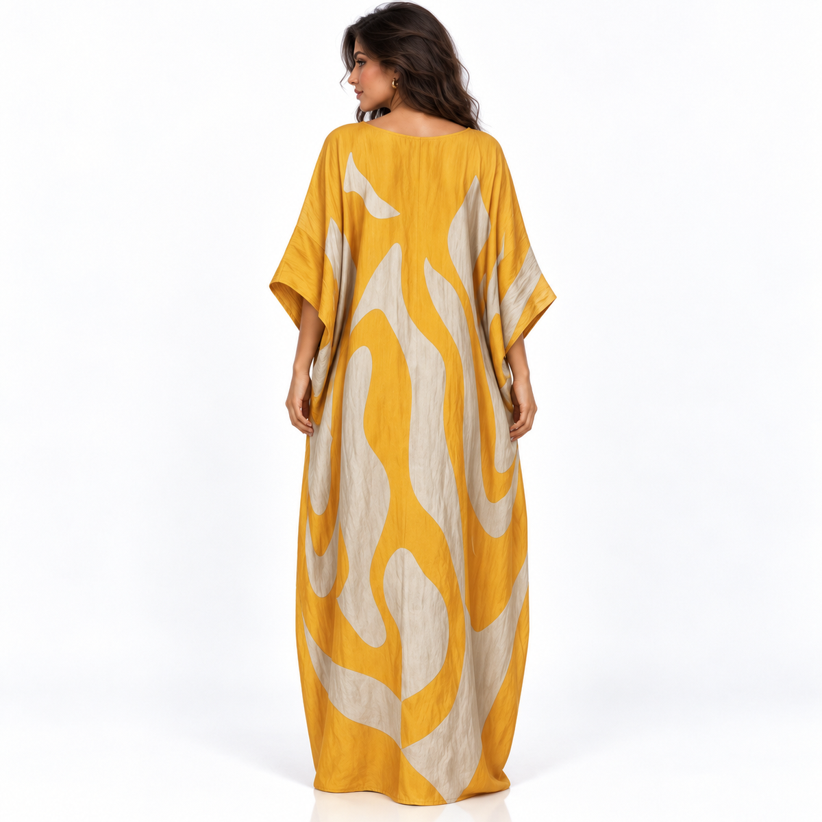 Elegant Mustard Yellow Abstract Linen Kaftan