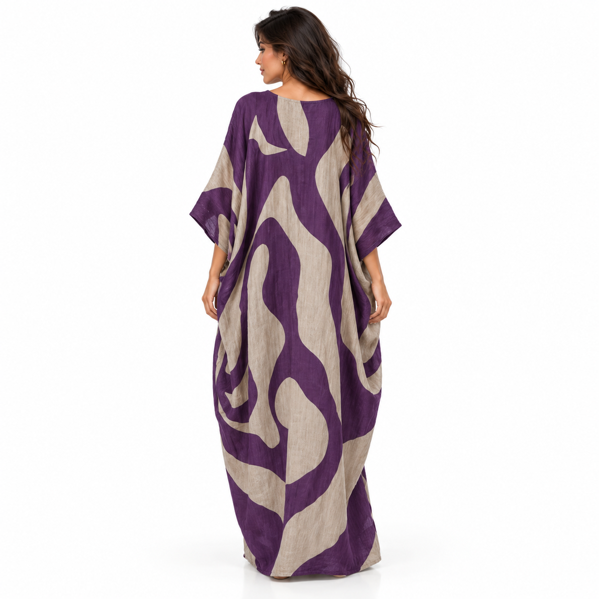Purple Abstract Print Linen Kaftan Dress