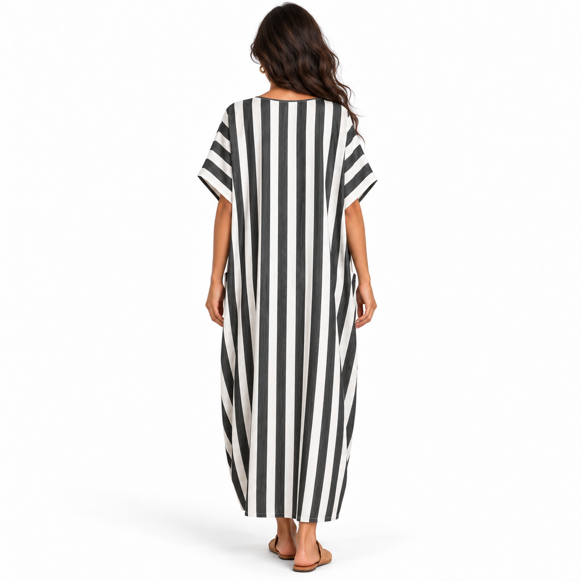 Elegant Black White Striped Linen Kaftan