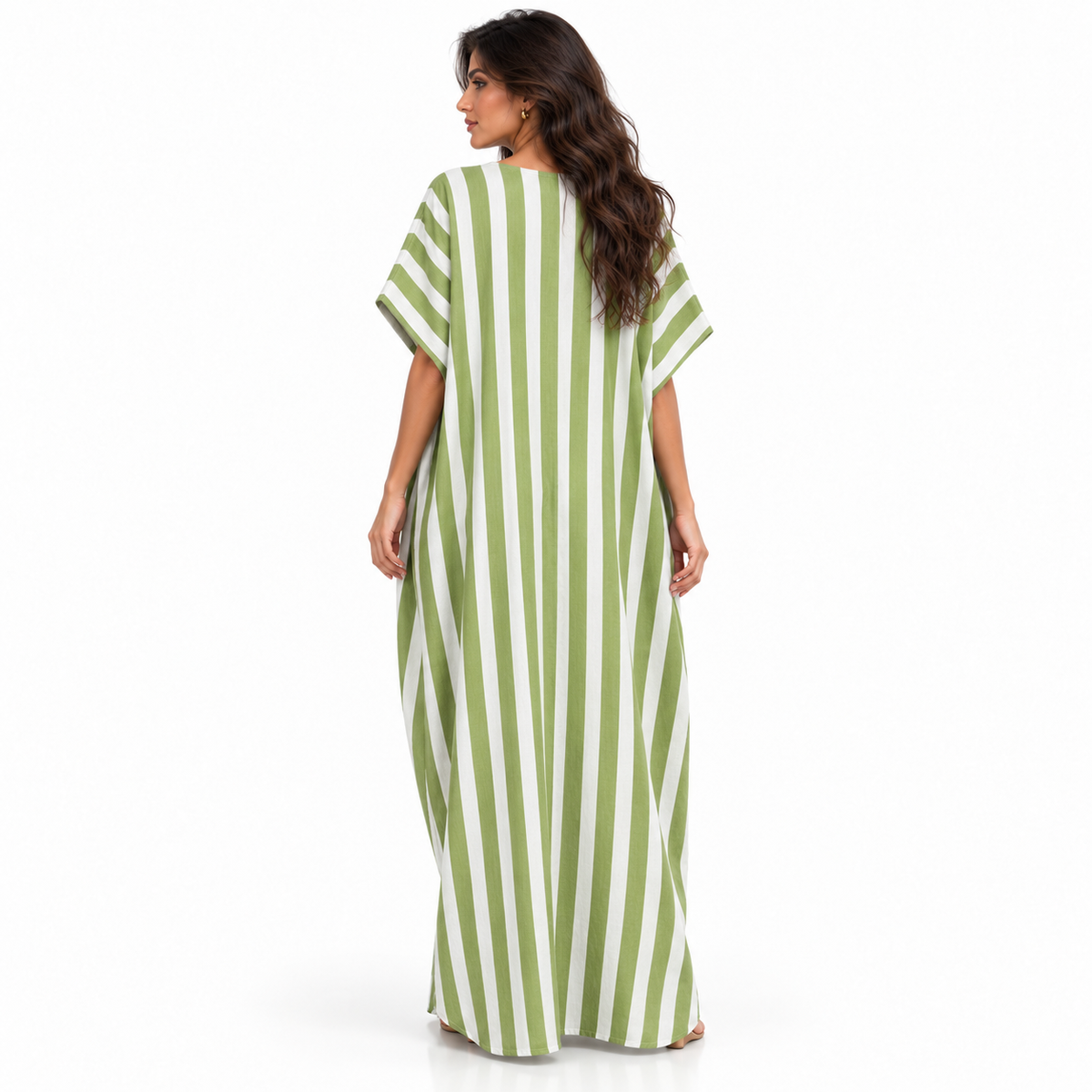 Olive Green Striped Linen Kaftan Dress