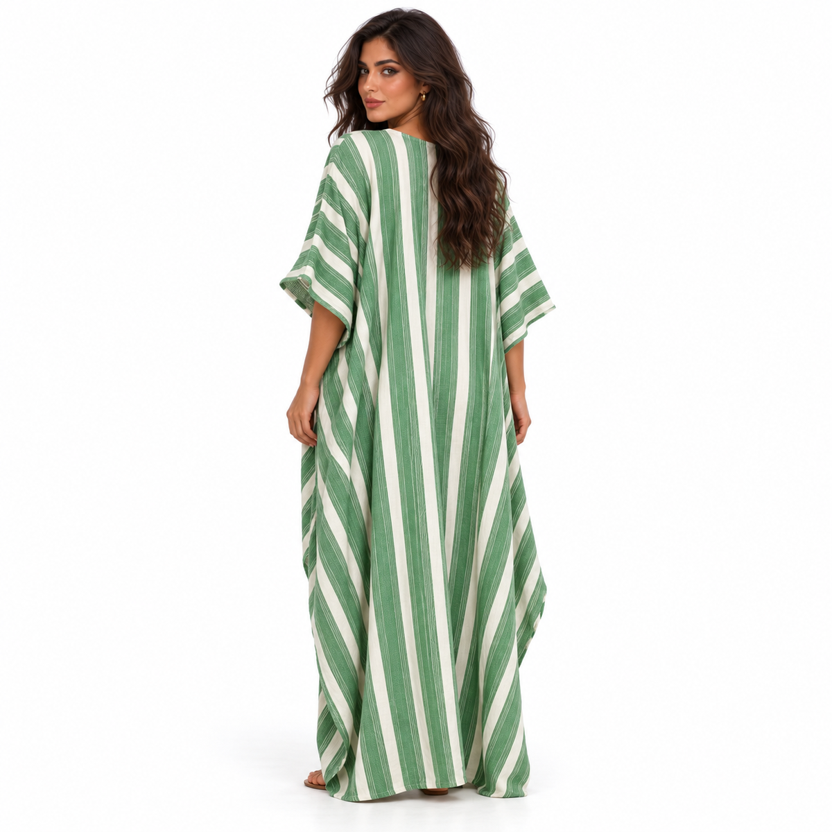 Elegant Green Striped Linen Kaftan Dress