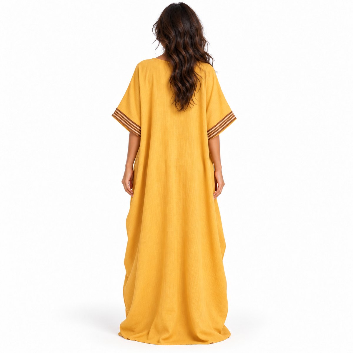 Elegant Khaki Embroidered V-Neck Linen Kaftan