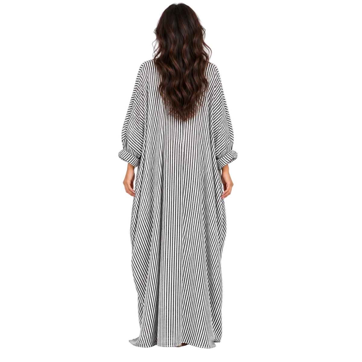 Elegant Black Striped Linen Kaftan Dress