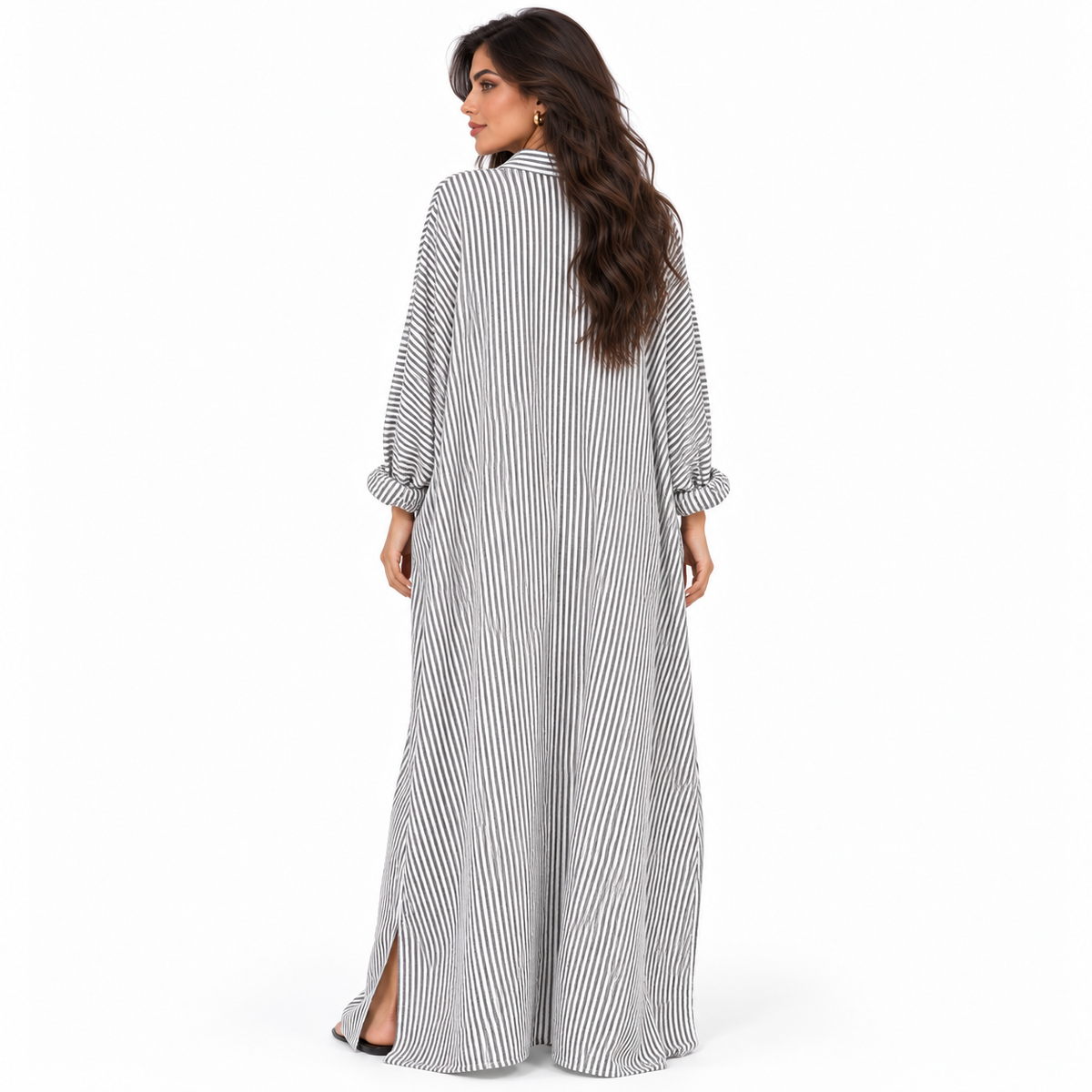 Elegant Grey Striped Linen Kaftan Dress