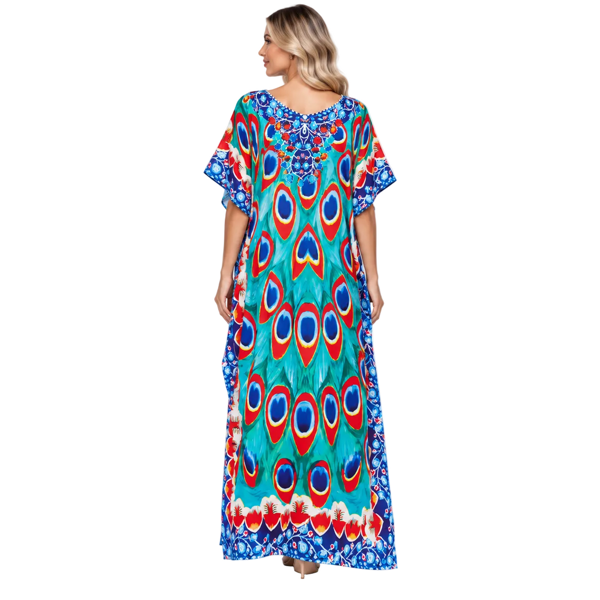 Turquoise Peacock Print Elegant Modern Kaftan