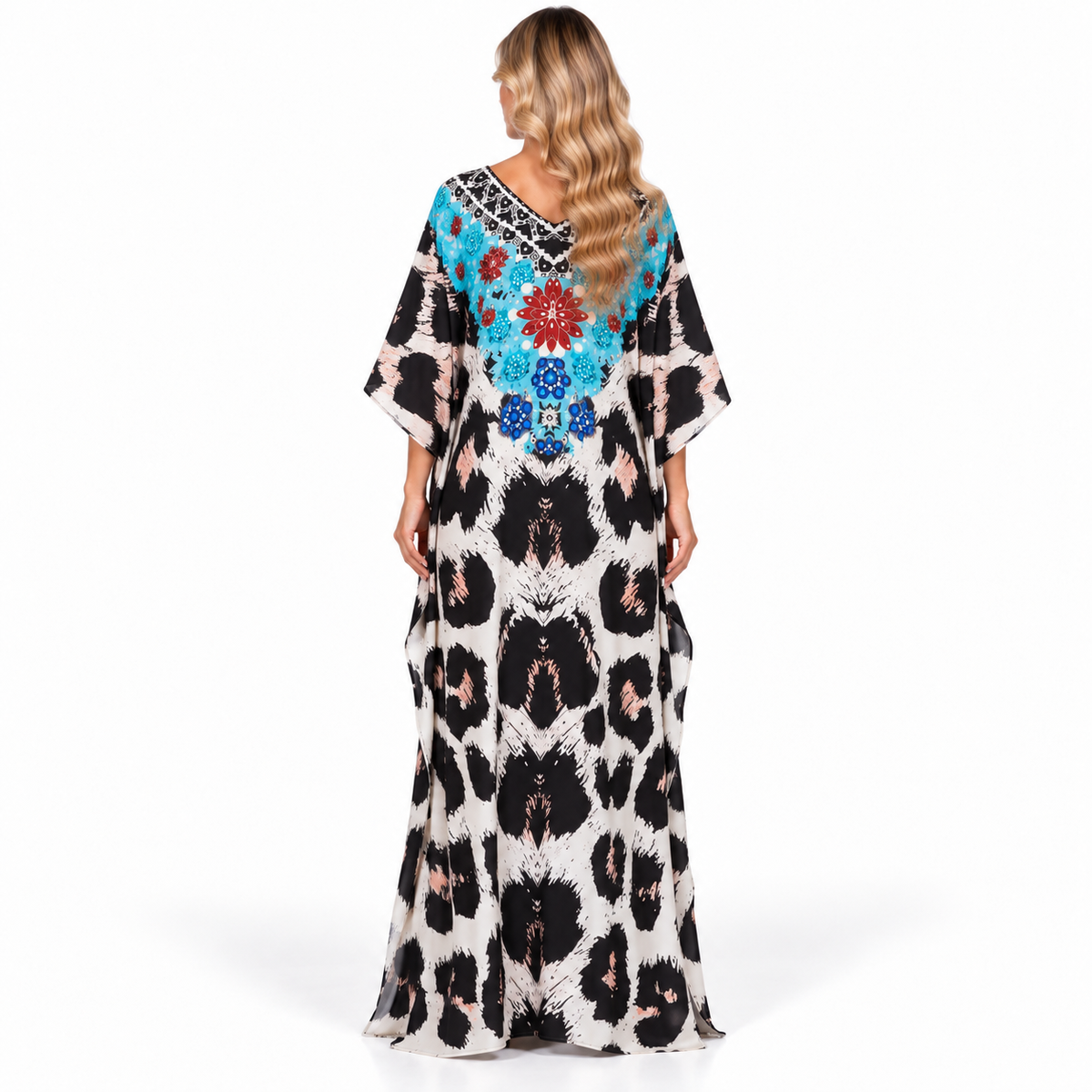 Elegant Turquoise Floral Print Modern Kaftan