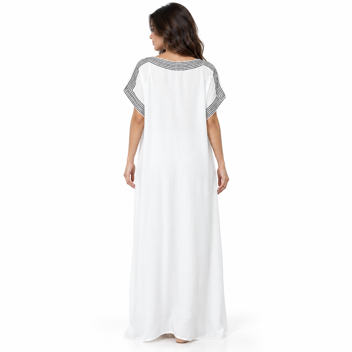 White Kaftan Dress With Black Embroidery