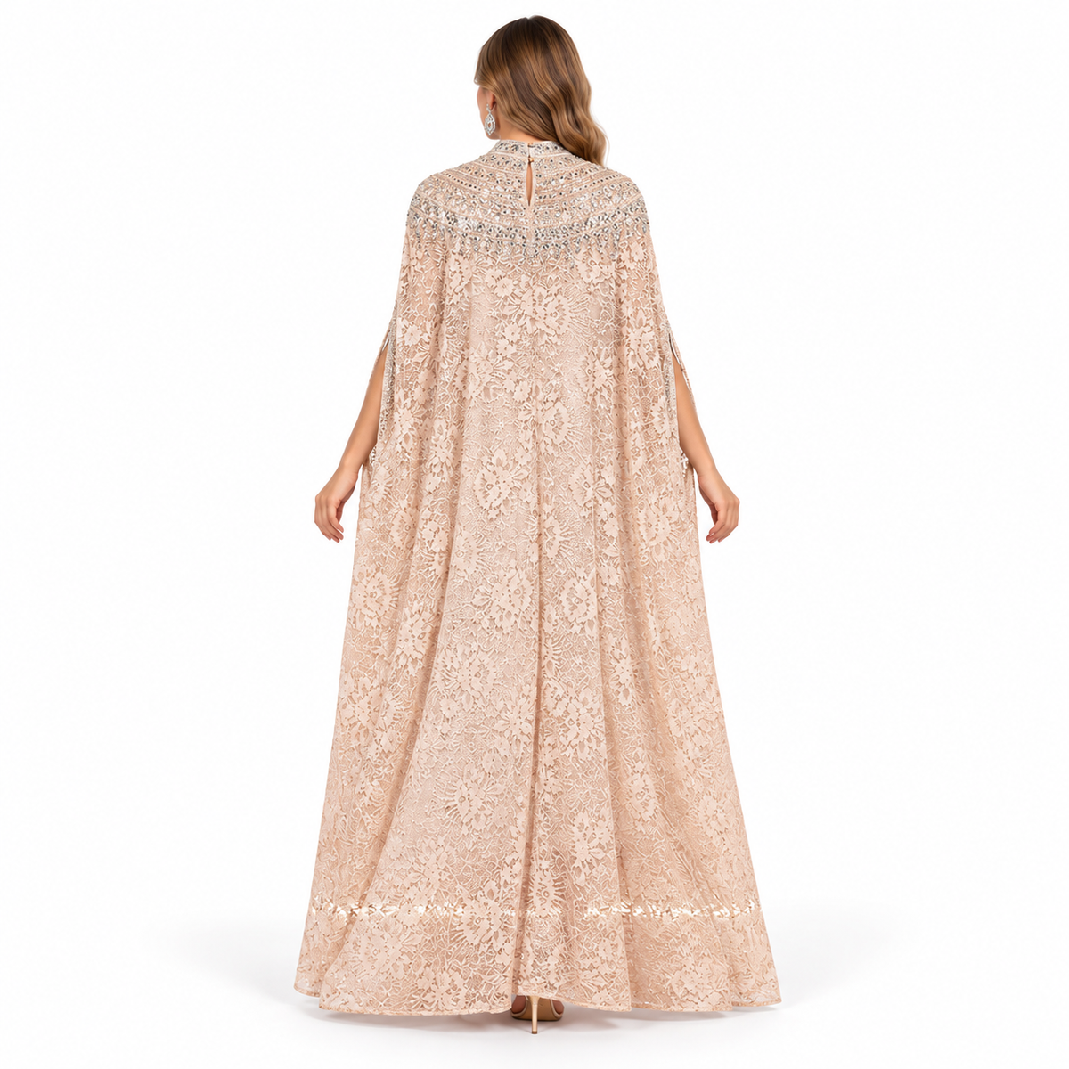 Elegant Beige Floral Sequin Lace Kaftan
