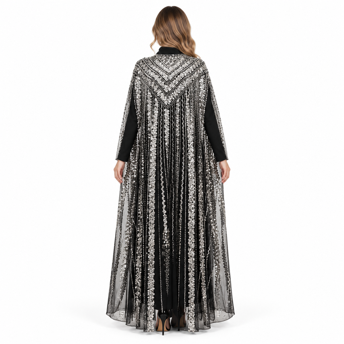 Elegant Black Silver Sequin Embroidered Kaftan