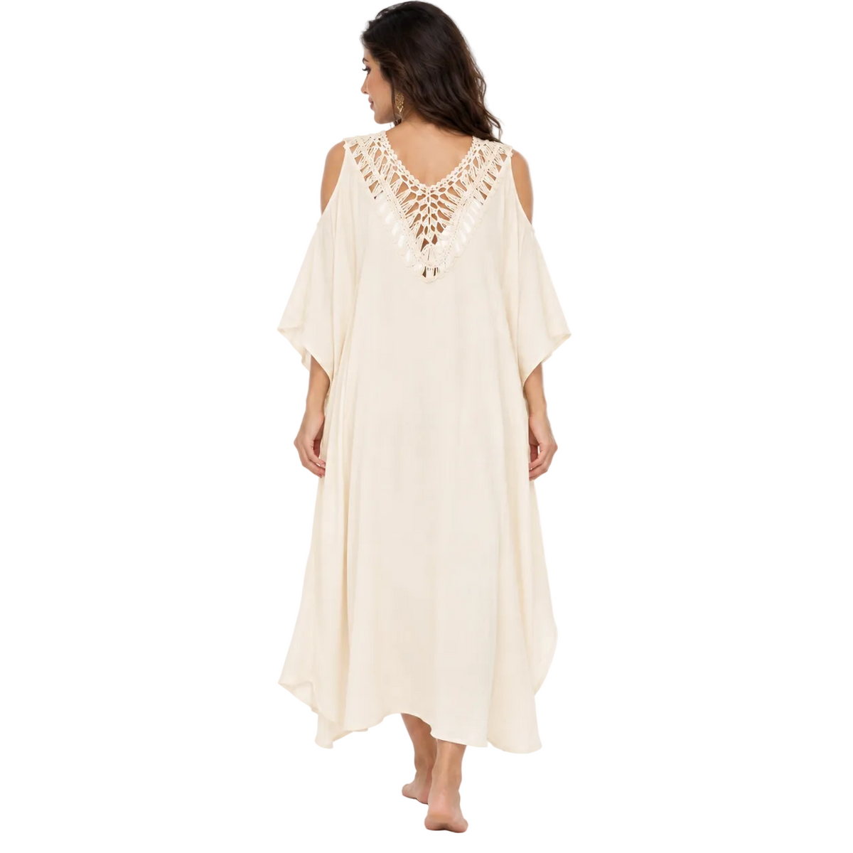 Beige Crochet Cold Shoulder Beach Kaftan