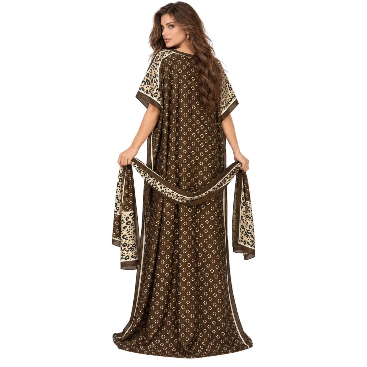 Brown Leopard Trim Printed Elegant Kaftan
