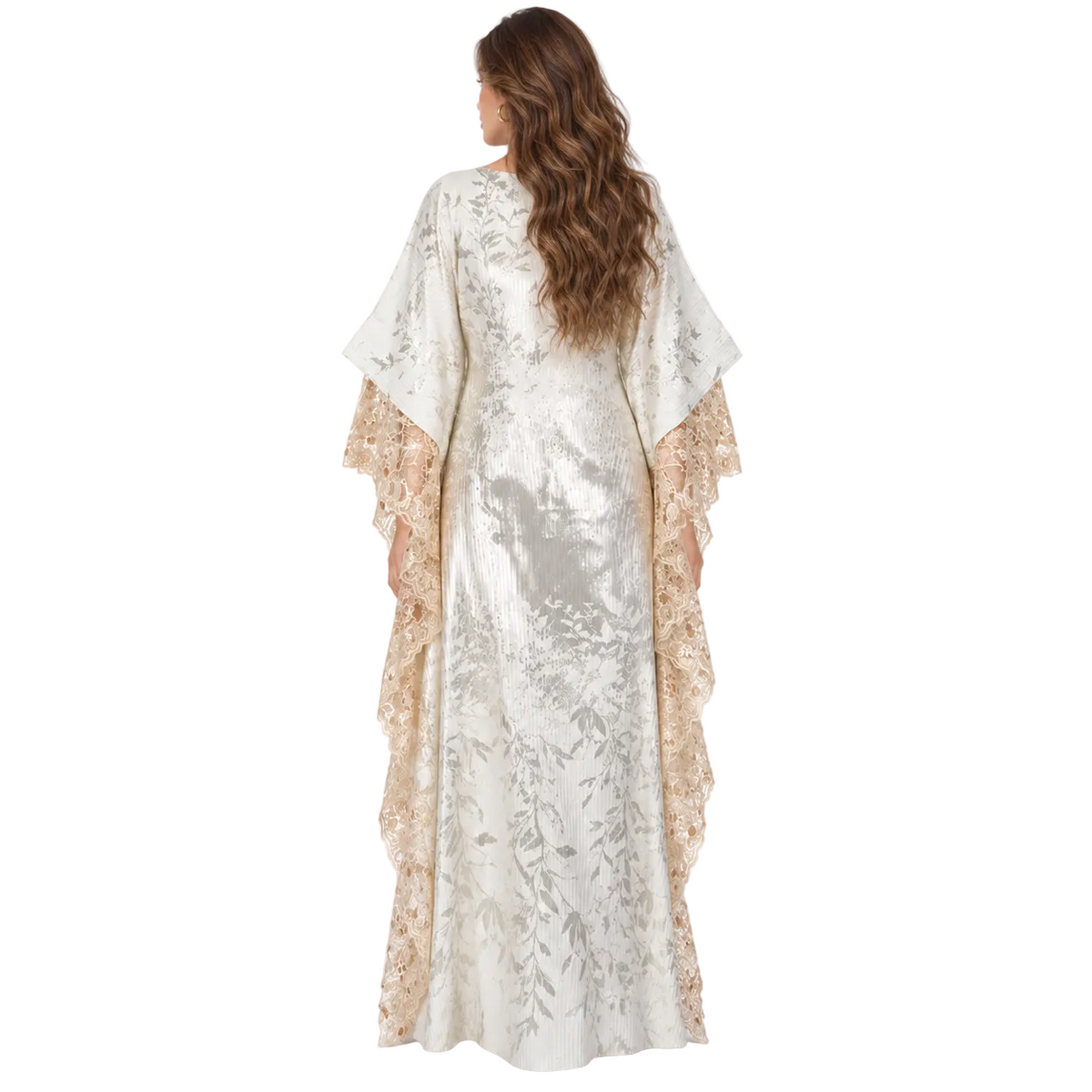 White Botanical Lace Sequin Elegant Kaftan