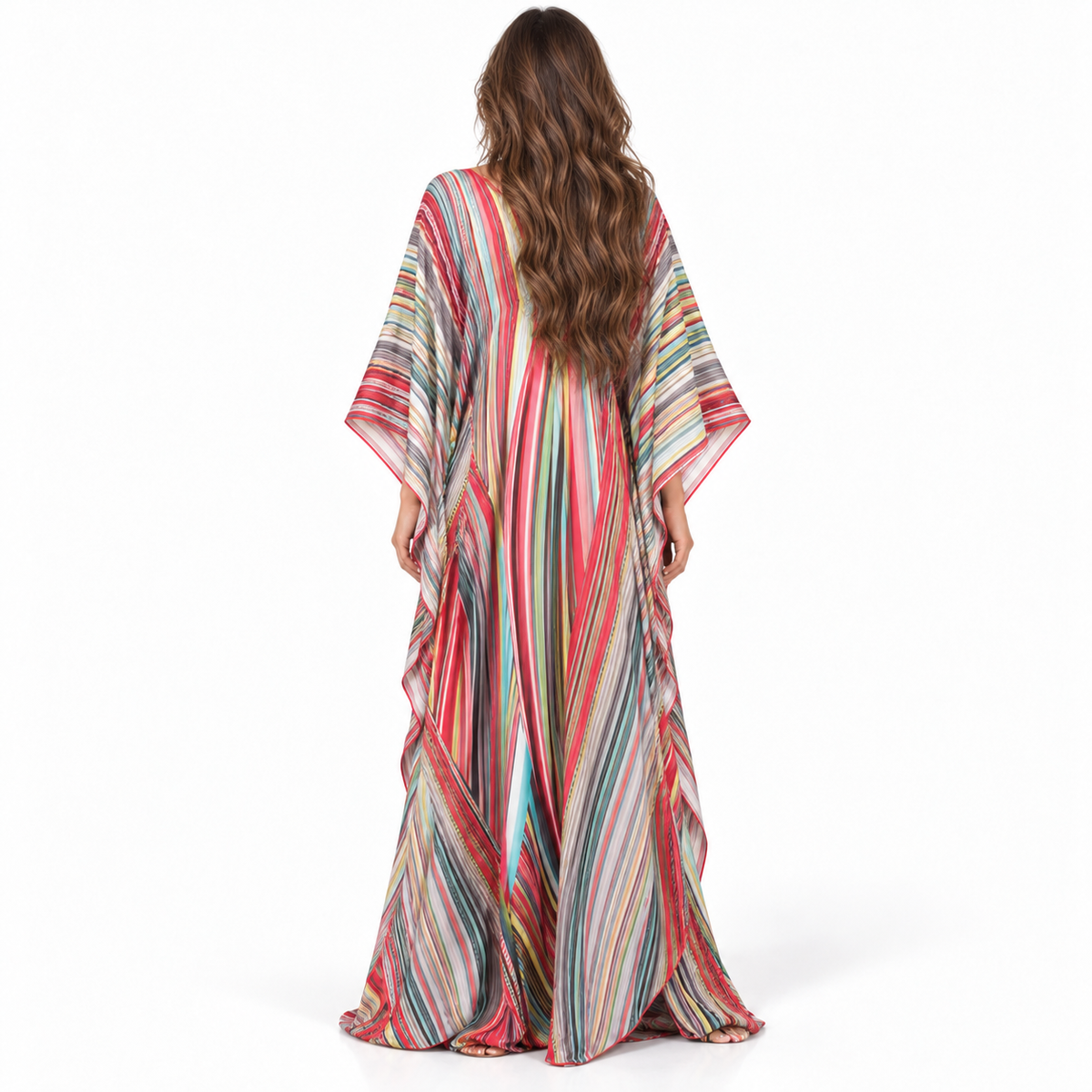 Multicolor Striped Flowing V-Neck Elegant Kaftan