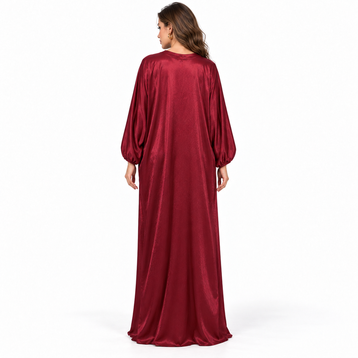Burgundy Satin Bow Detail Elegant Kaftan