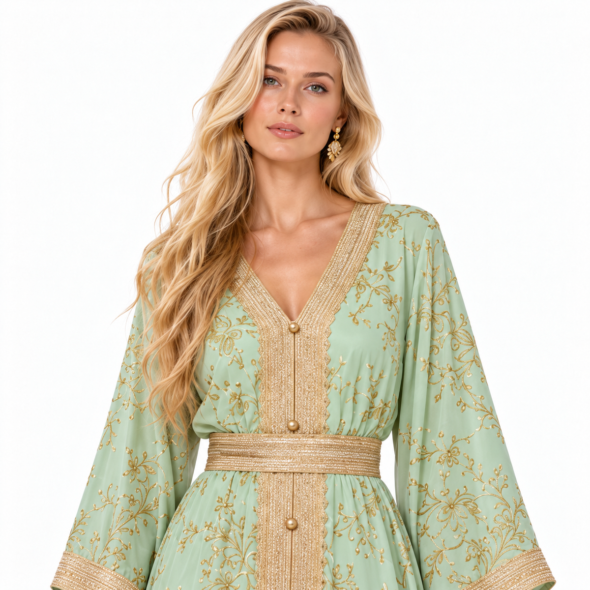 Mint Green Gold Embroidered Gamis Kaftan