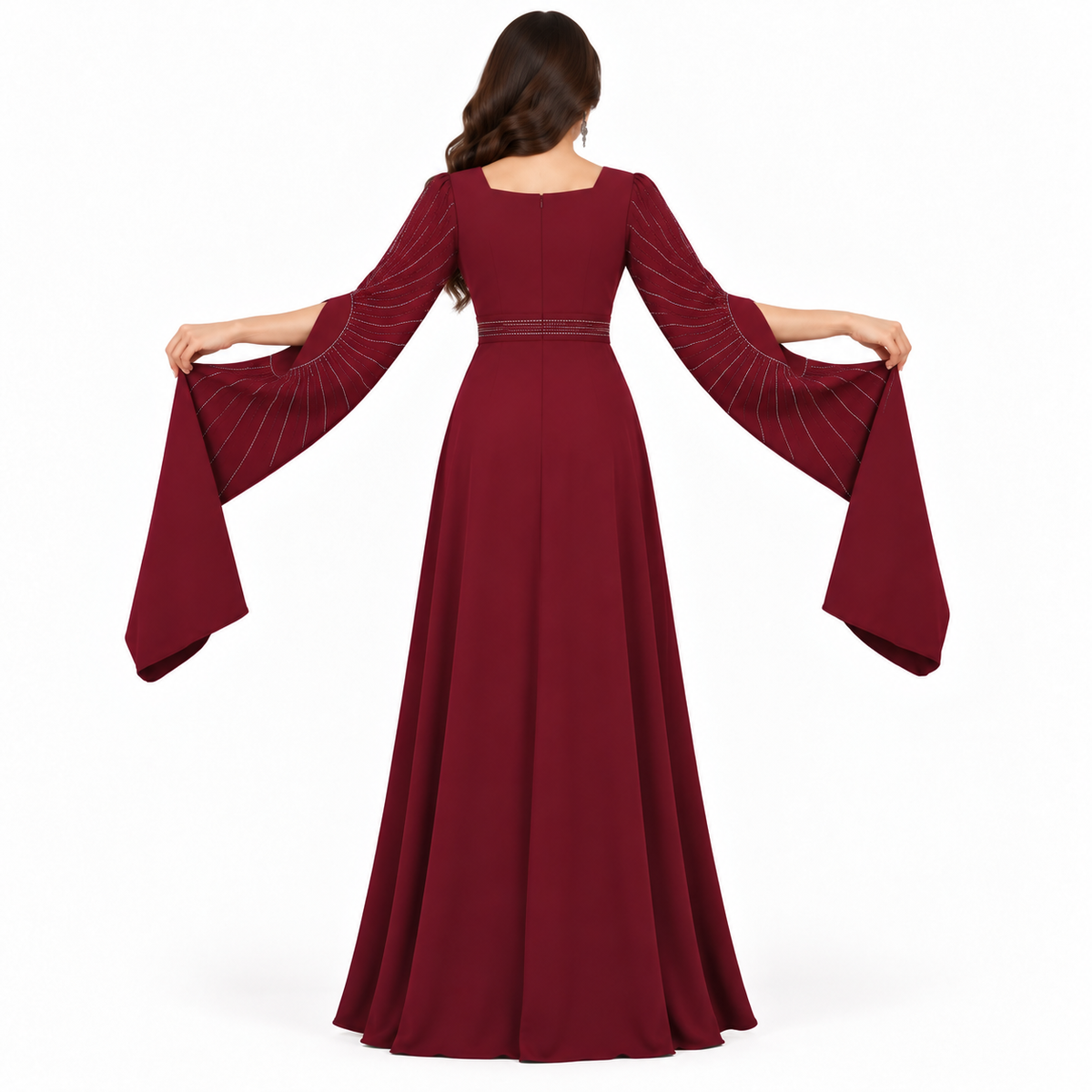 Elegant Wine Red Rhinestone Moroccan Kaftan