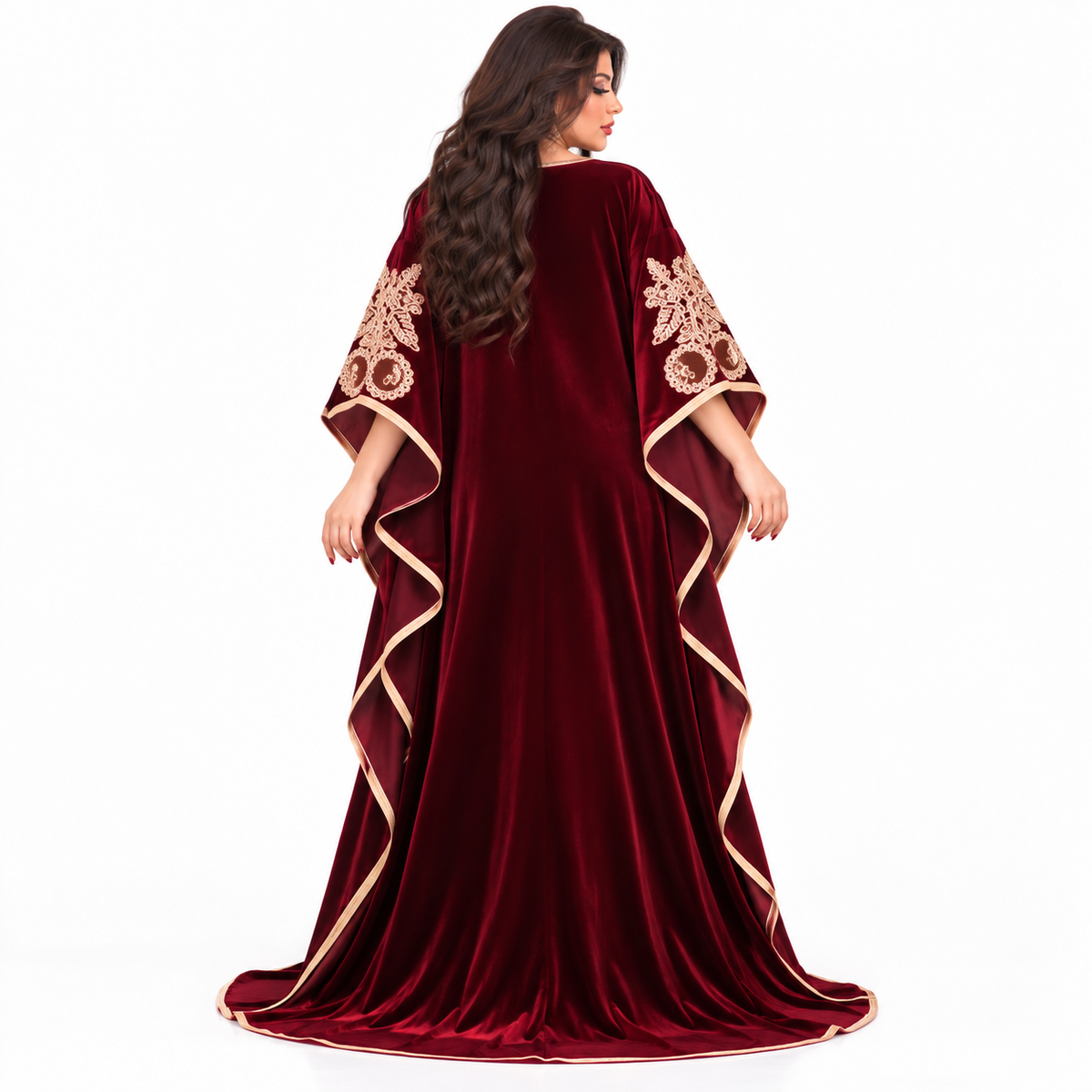 Wine Red Embroidered Velvet Moroccan Kaftan