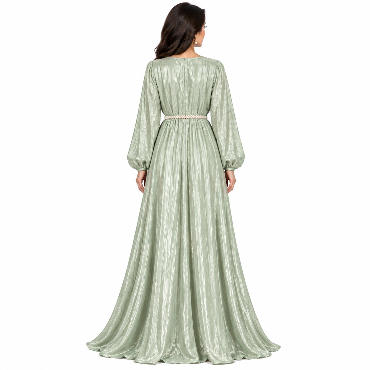 Light Green Pearl Belted Moroccan Kaftan