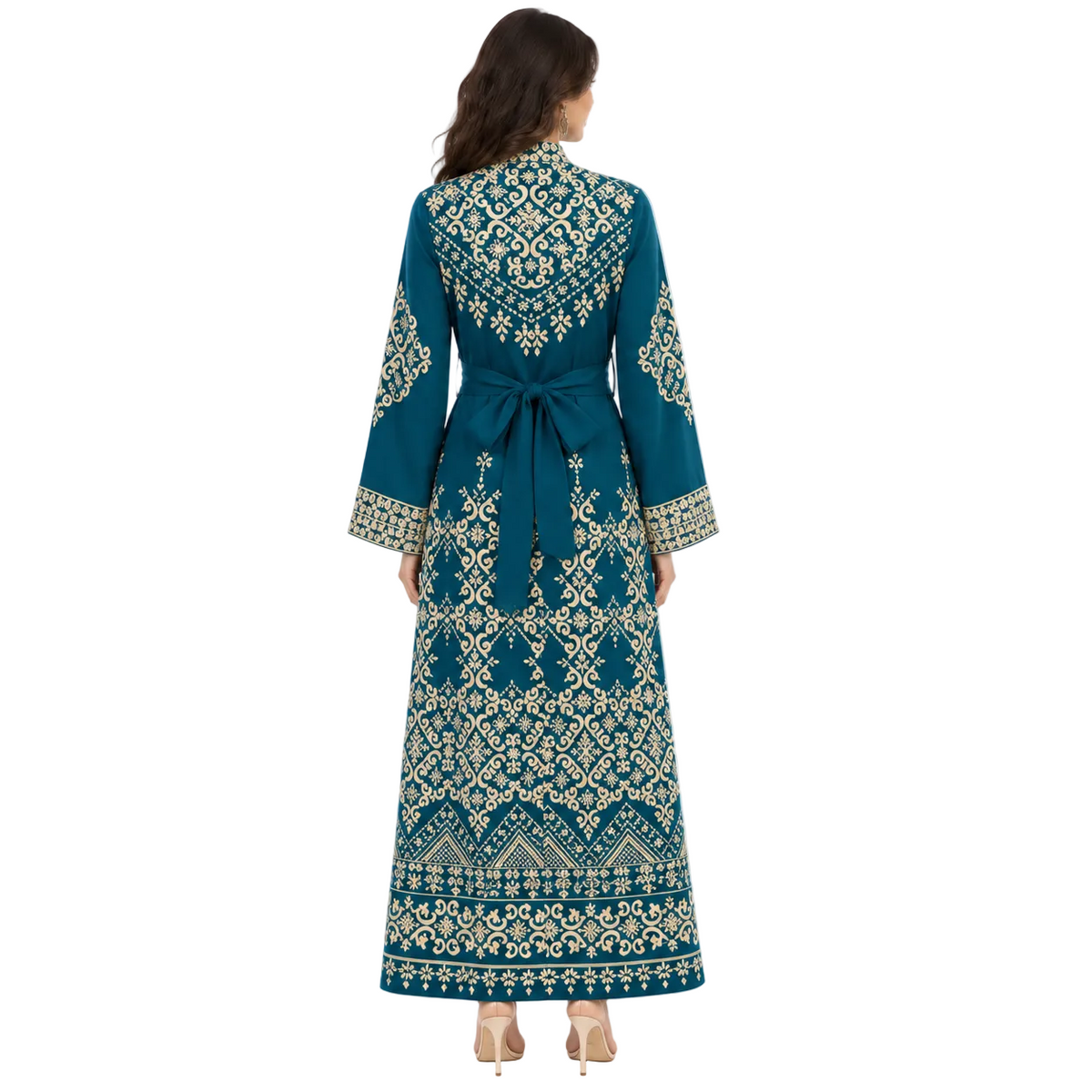 Teal Gold Embroidered Moroccan Luxury Kaftan