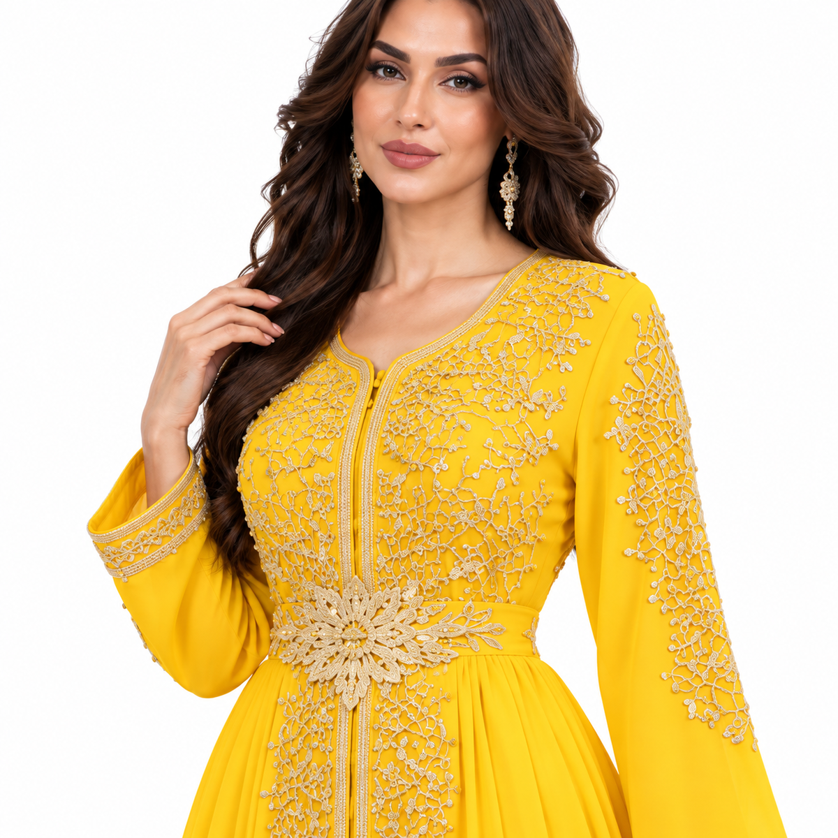Yellow Embroidered Luxury Moroccan Kaftan Dress