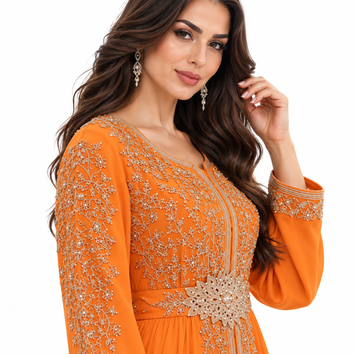 Orange Embroidered Luxury Moroccan Kaftan Dress