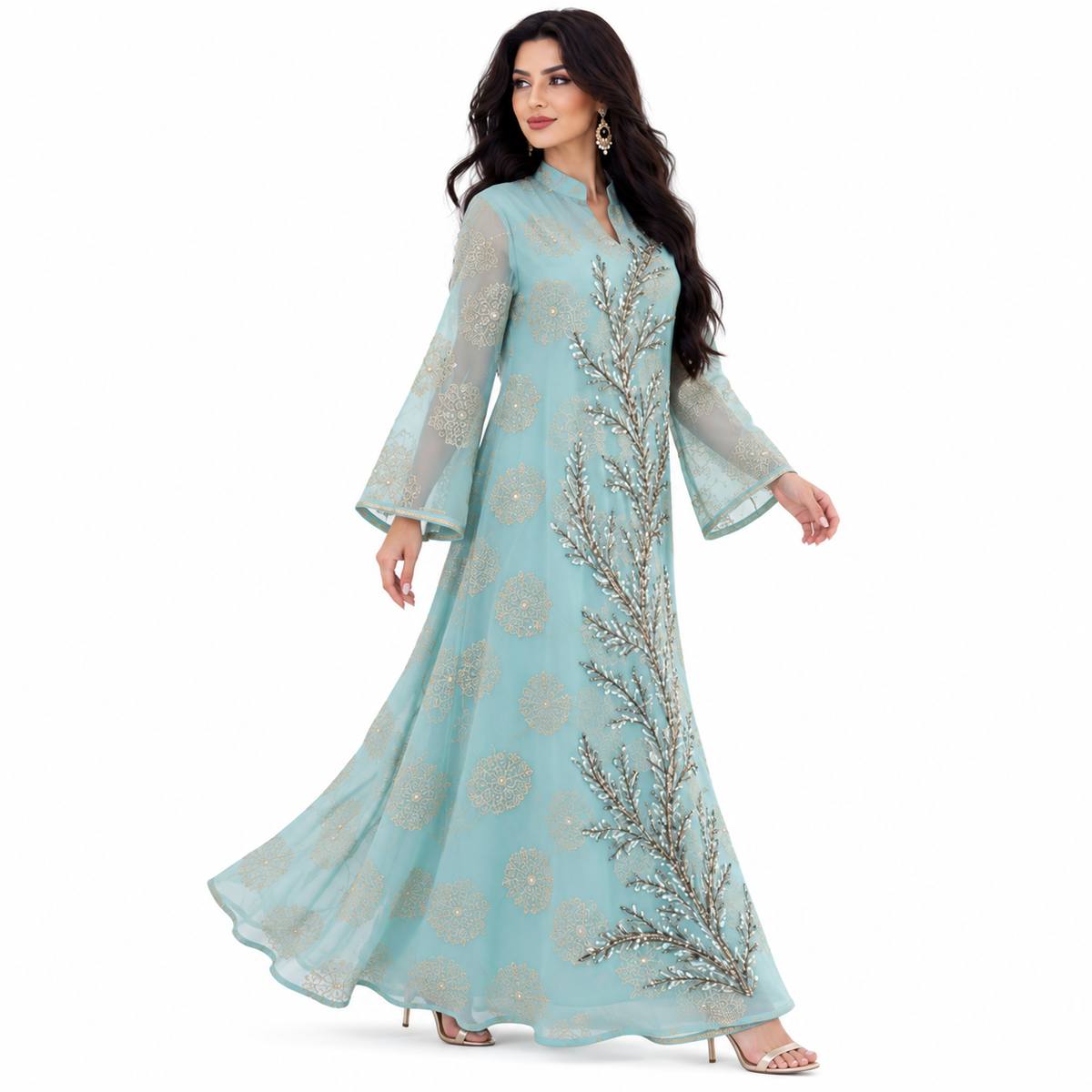 Green Blue Embroidered Elegant Baju Kaftan