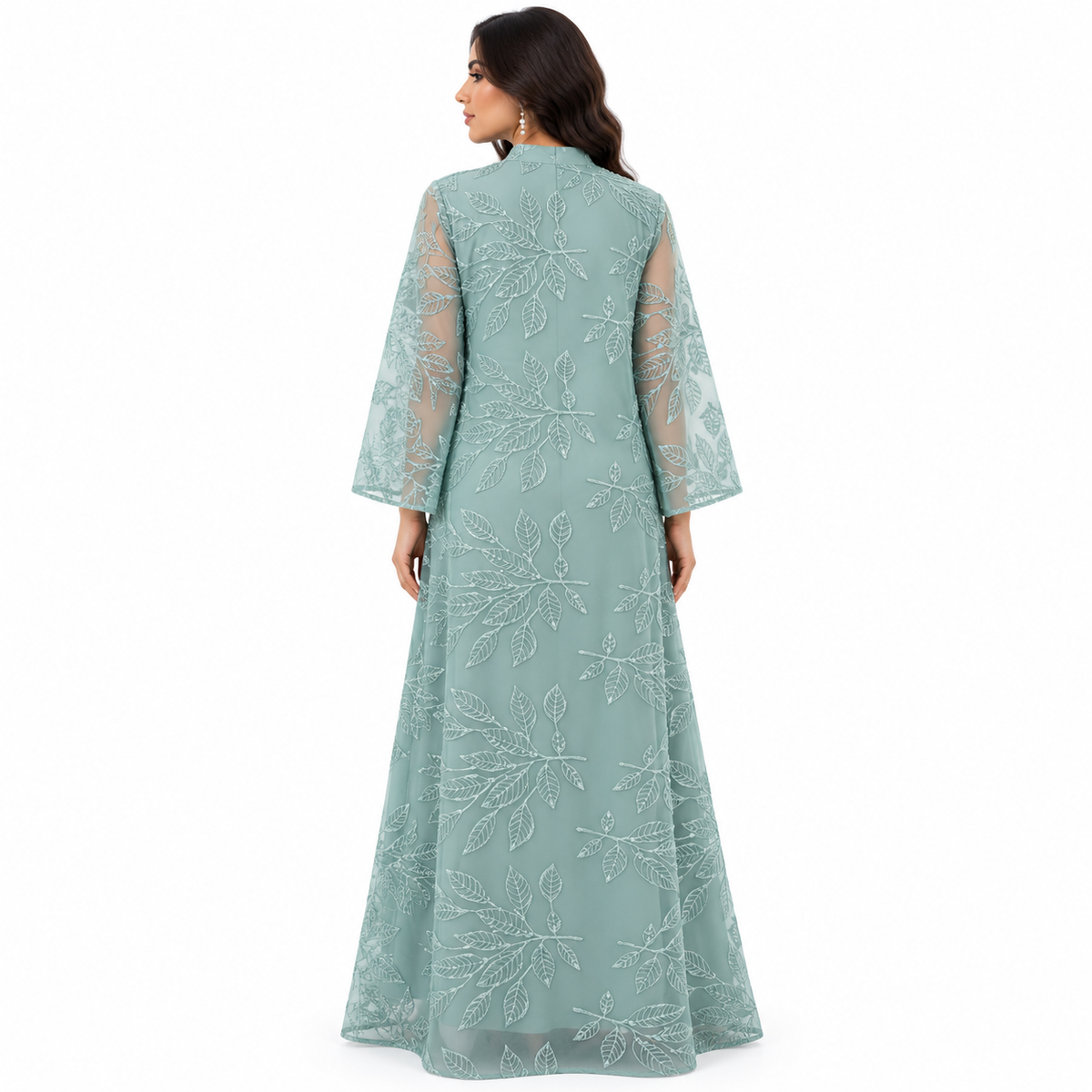 Green Embroidered Botanical Elegance Baju Kaftan
