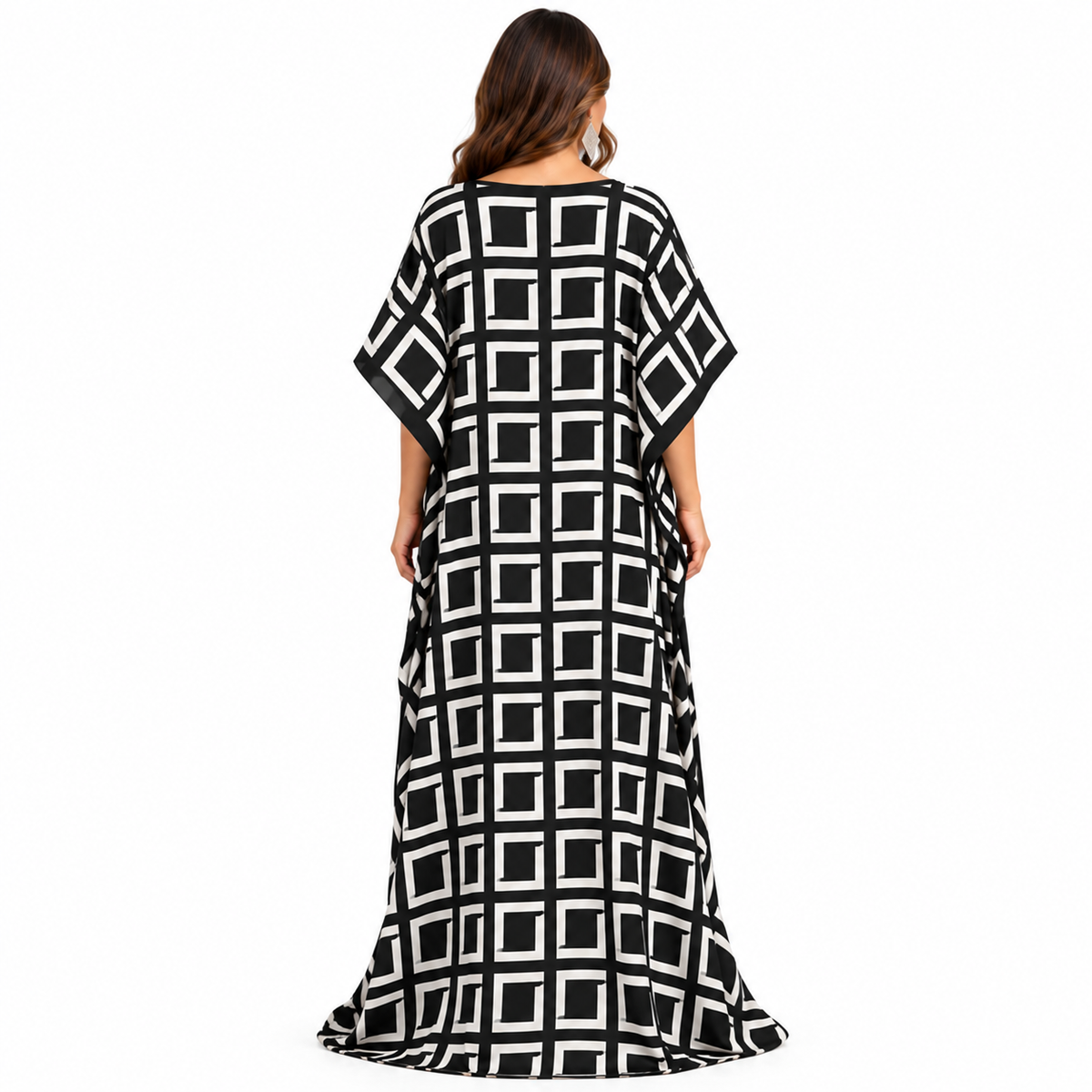 Black White Geometric Print Baju Kaftan