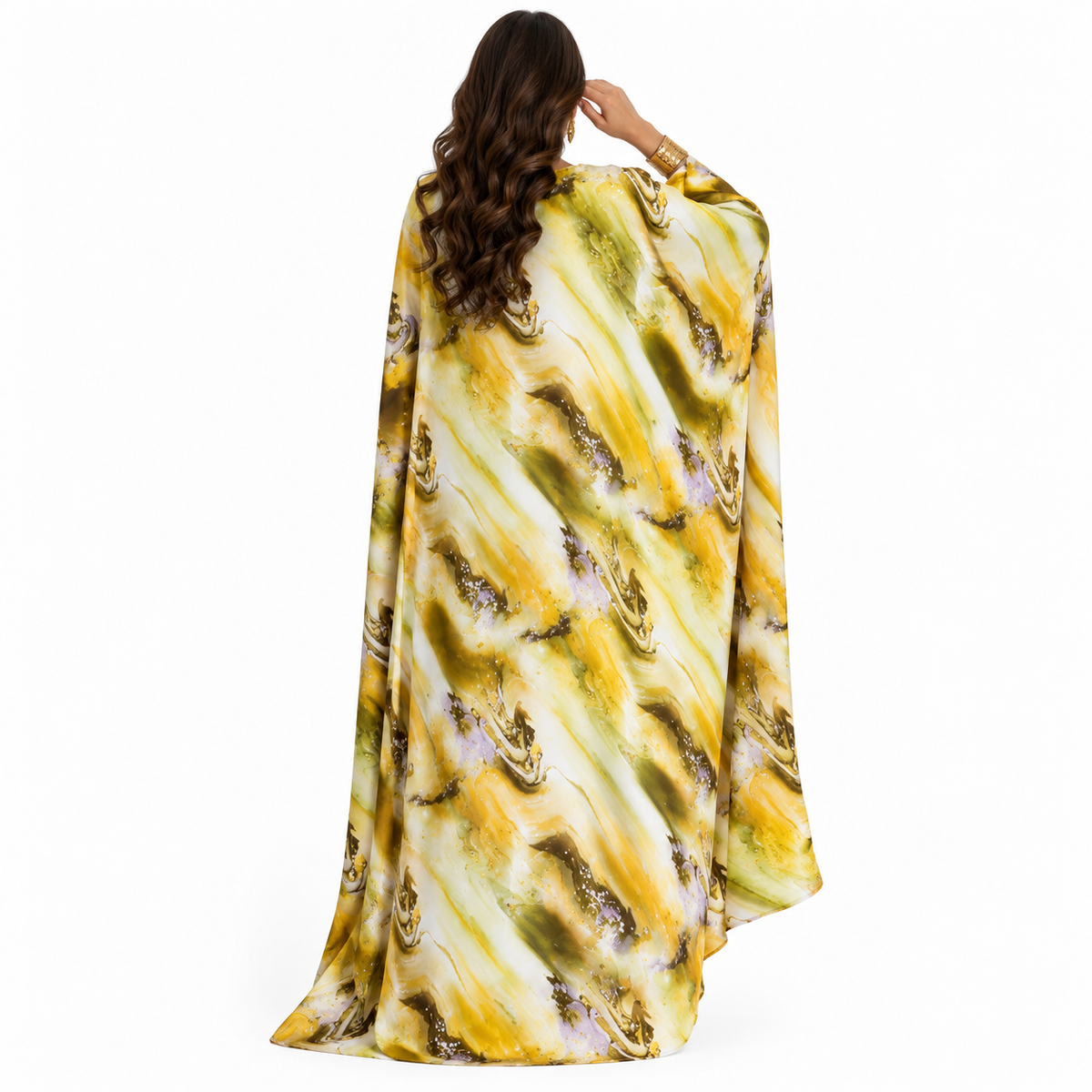 Yellow Marble Print Luxury Baju Kaftan