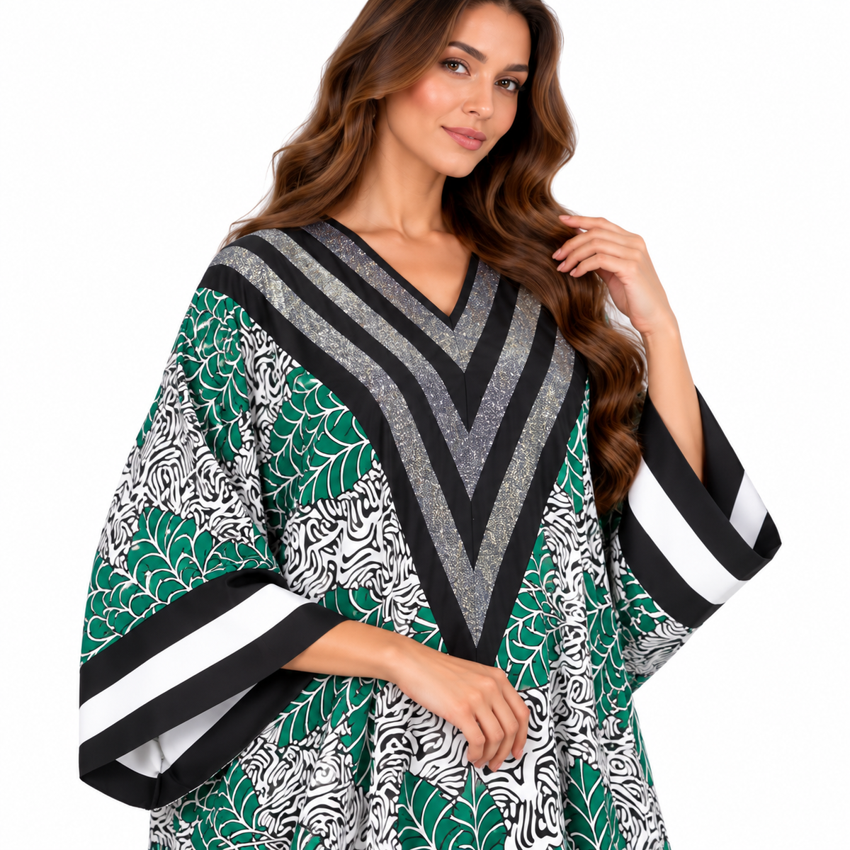Emerald Leaf Print Shimmer Baju Kaftan