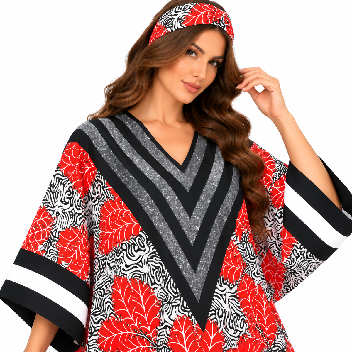 Red Leaf Chevron Print Baju Kaftan