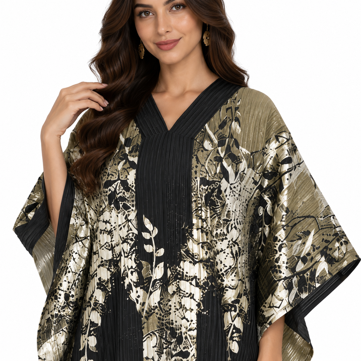 Black Metallic Botanical Fringe Baju Kaftan