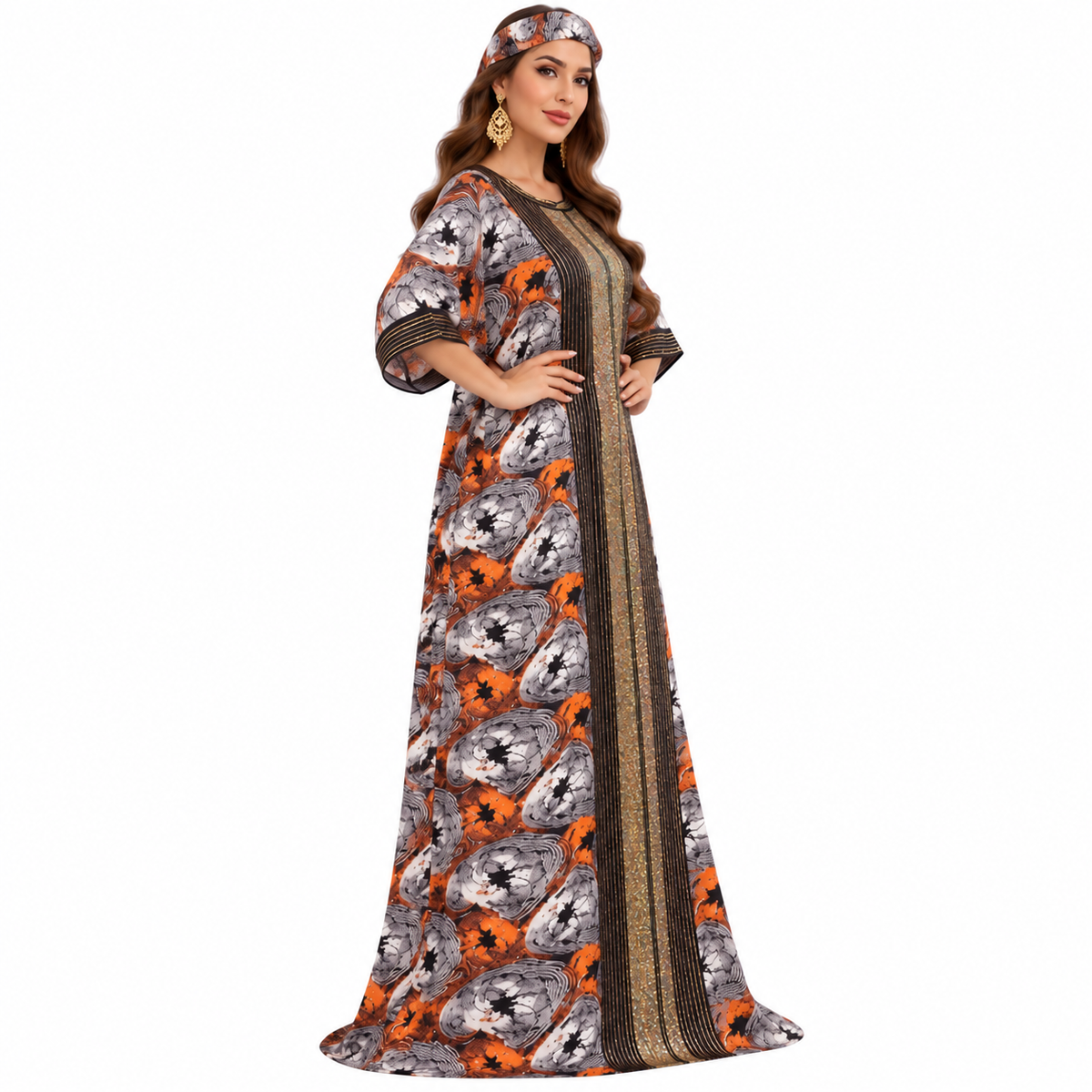 Orange Gold Printed Luxury Baju Kaftan