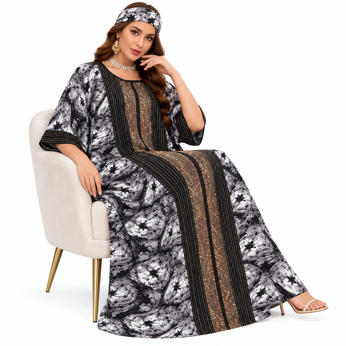Black Gold Embellished Printed Baju Kaftan