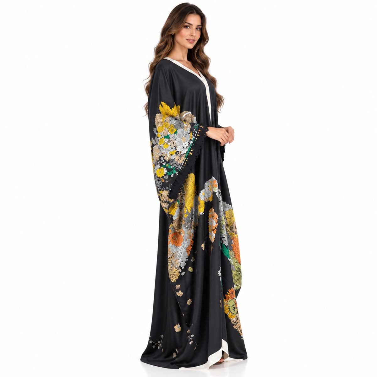 Black Floral Print Luxury Baju Kaftan