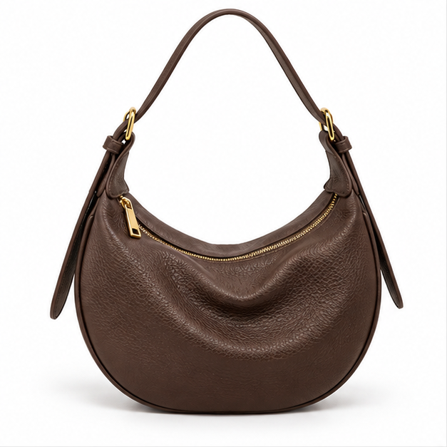 Coffee Brown Crescent Leather Shoulder Bag
