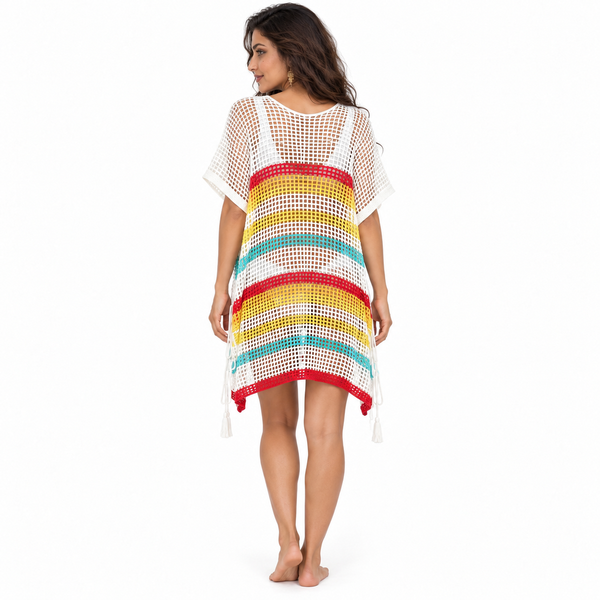 White Multicolor Crochet Stripe Beach Kaftan