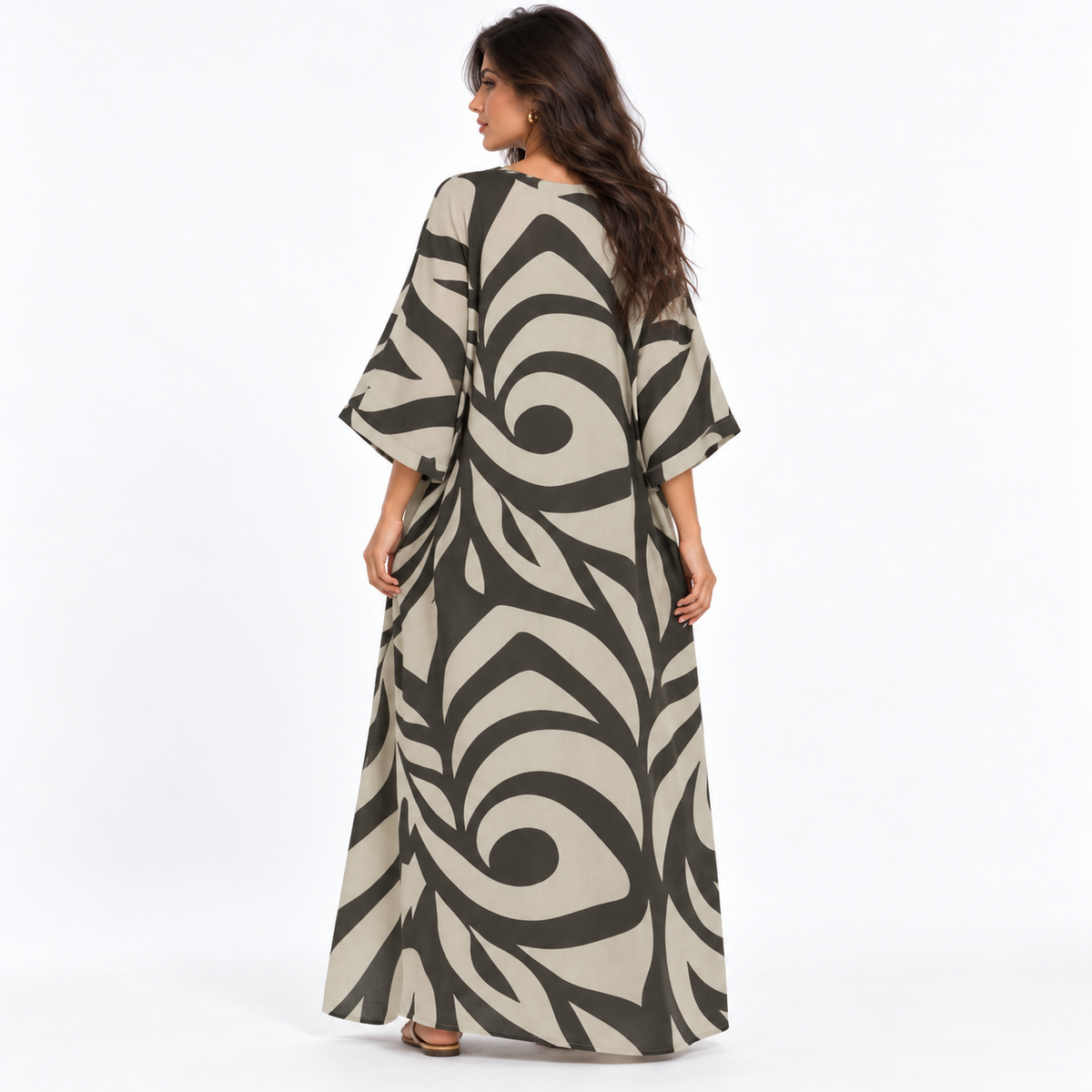 Rust Orange Abstract Print Linen Kaftan