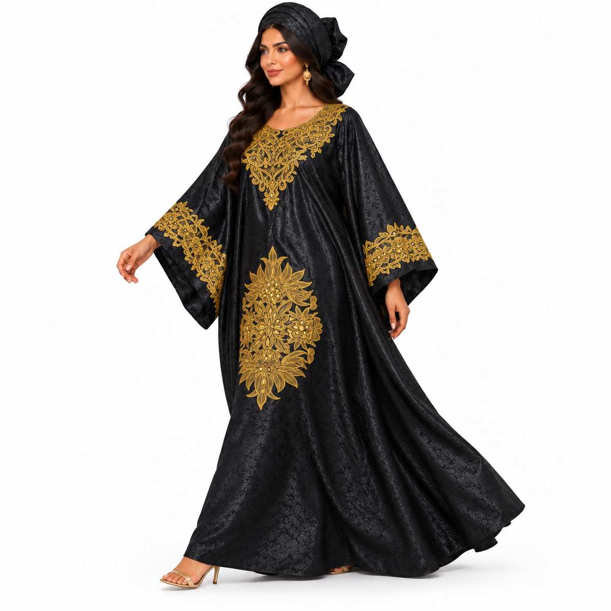 Black Gold Floral Embroidered Baju Kaftan