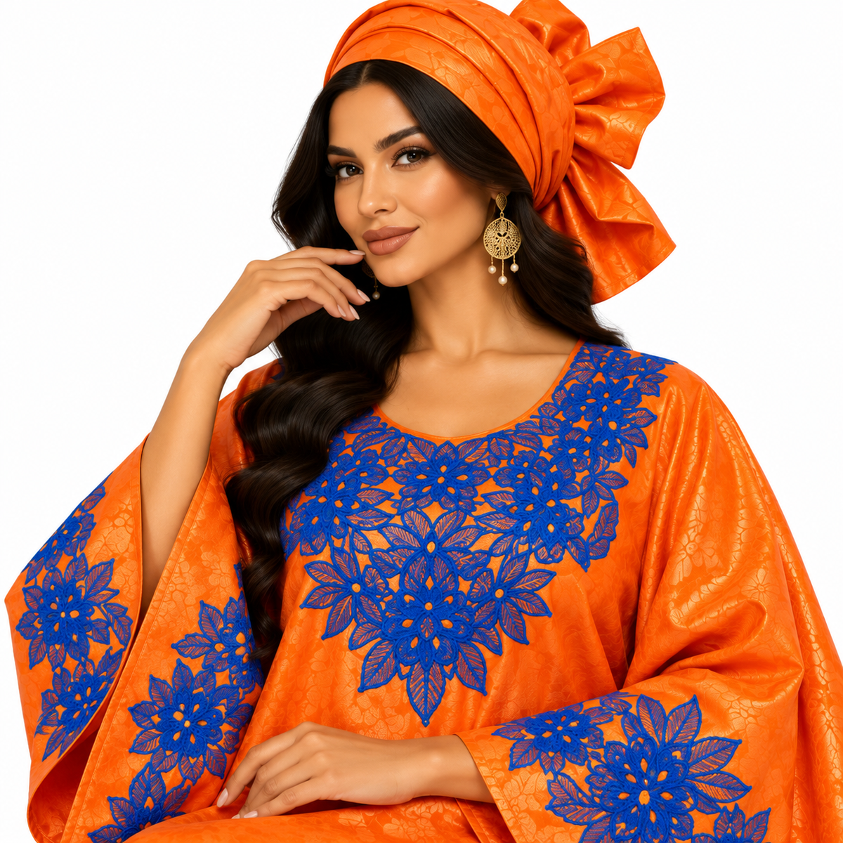 Orange Blue Embroidered Luxury Baju Kaftan