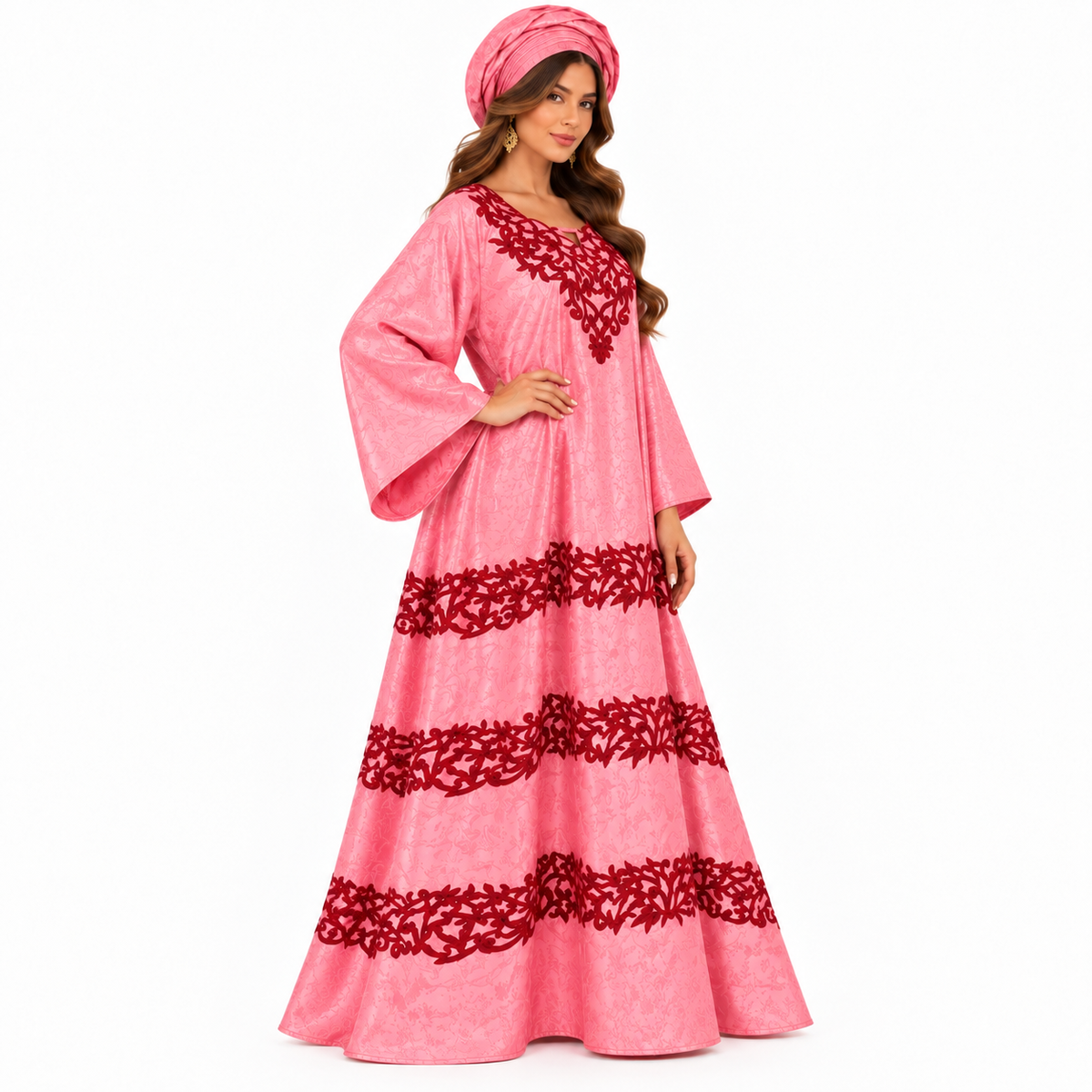 Pink Burgundy Embroidered Flowing Baju Kaftan