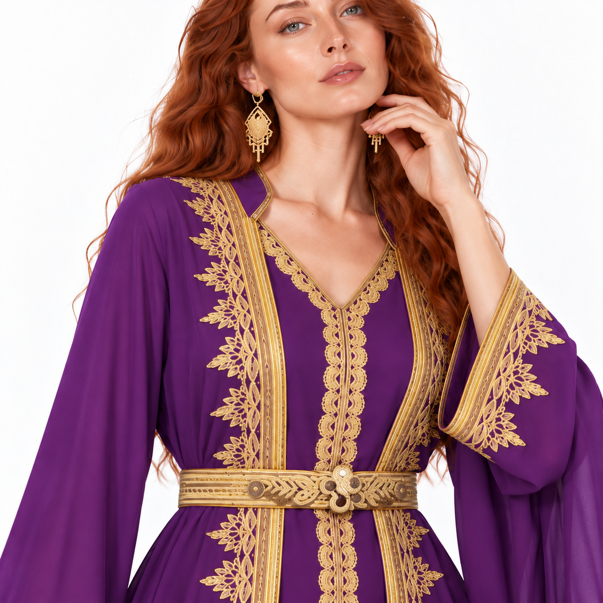 Elegant Purple Gold Embroidered Lebaran Kaftan