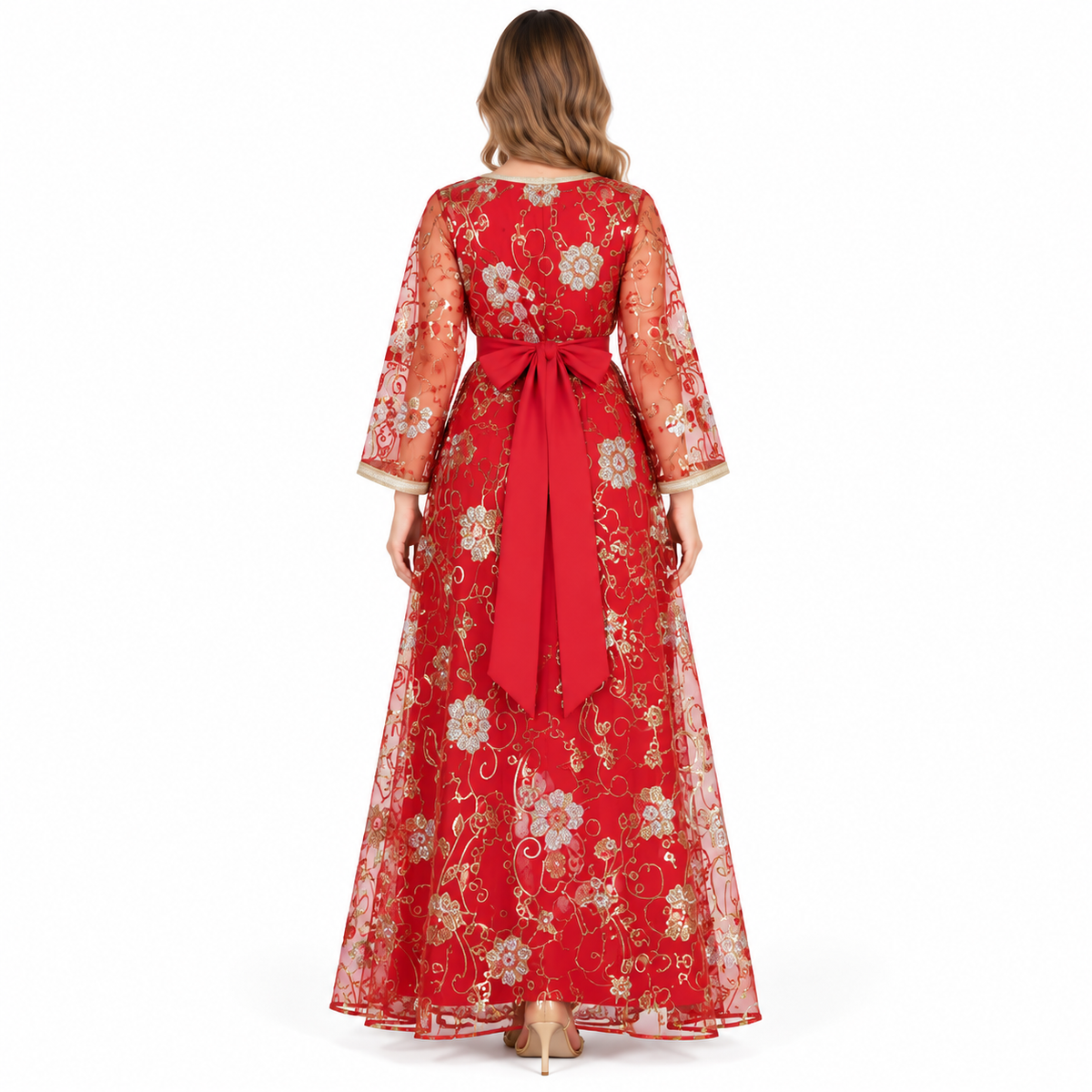 Elegant Red Floral Sequin Embroidered Kaftan