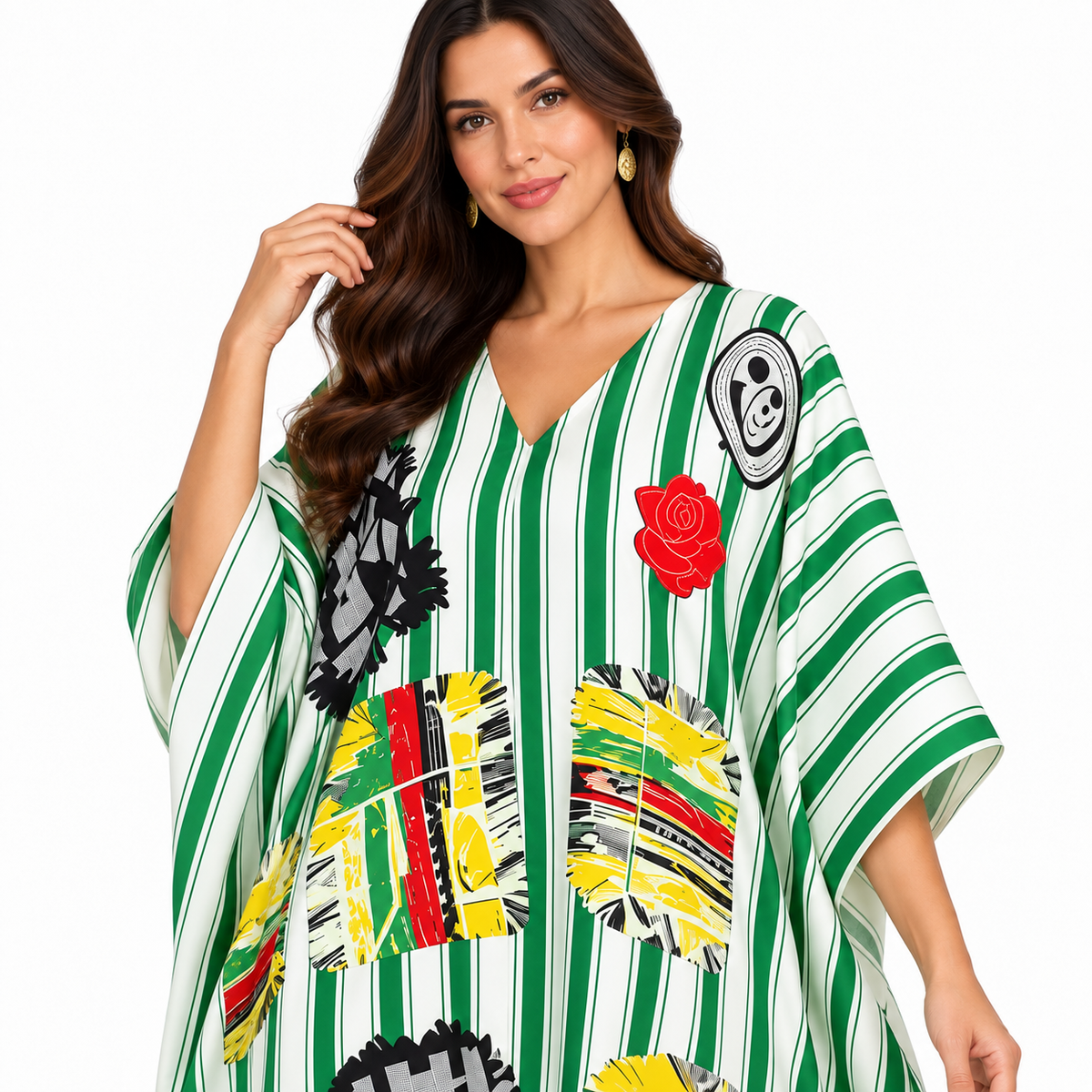 Green White Striped Artistic Baju Kaftan